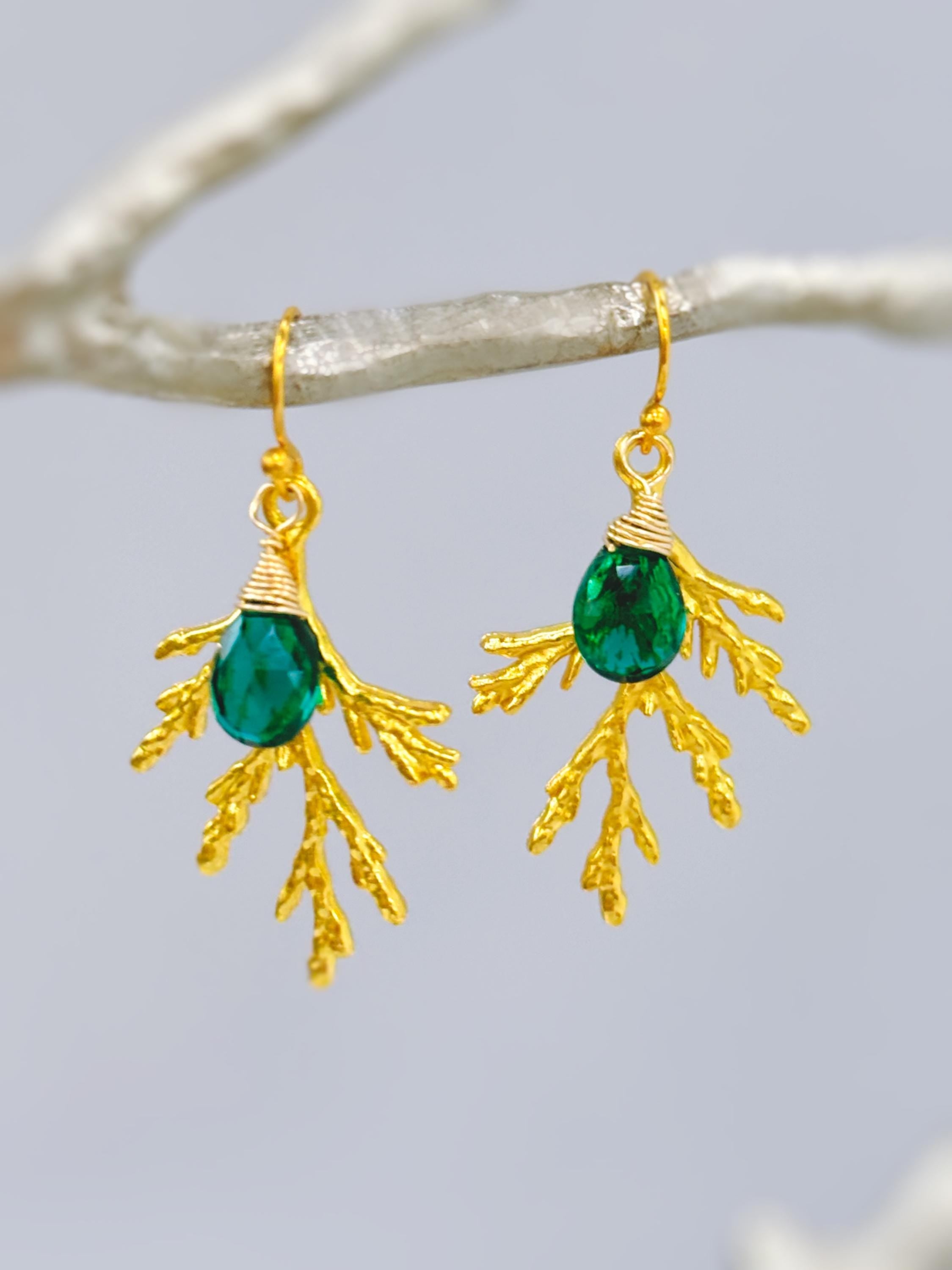 Forest Nature Earrings gold emerald dangle Cedar Branch handmade rustic winter jewelry earthy woodland gifts for outdoor lovers, hikers