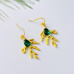 Forest Nature Earrings gold emerald dangle Cedar Branch handmade rustic winter jewelry earthy woodland gifts for outdoor lovers, hikers