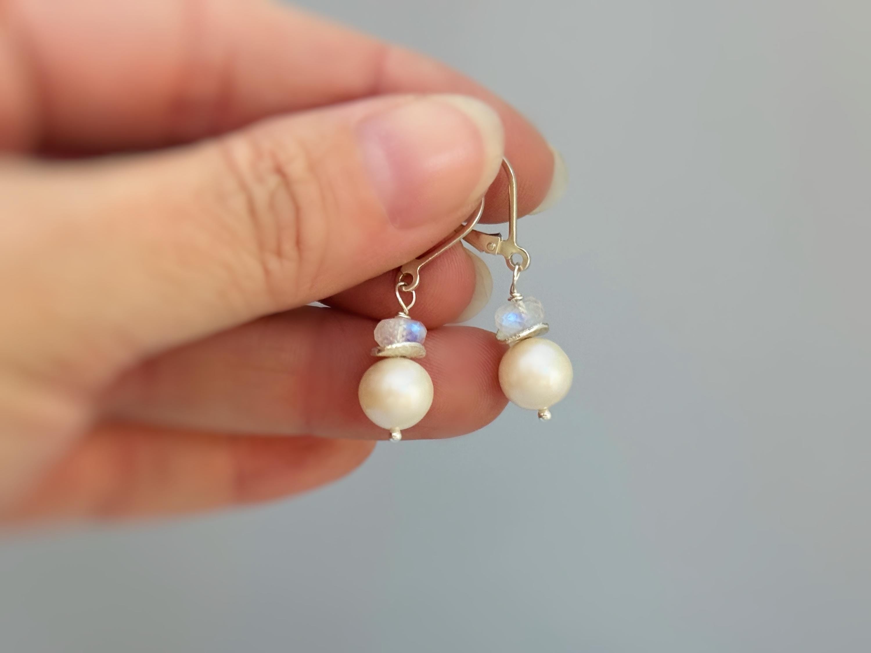 Pearl and Moonstone Earrings Dangle Sterling Silver, 14k Gold Handmade Gemstone Freshwater Pearl Jewelry June birth stone gift for mom, wife