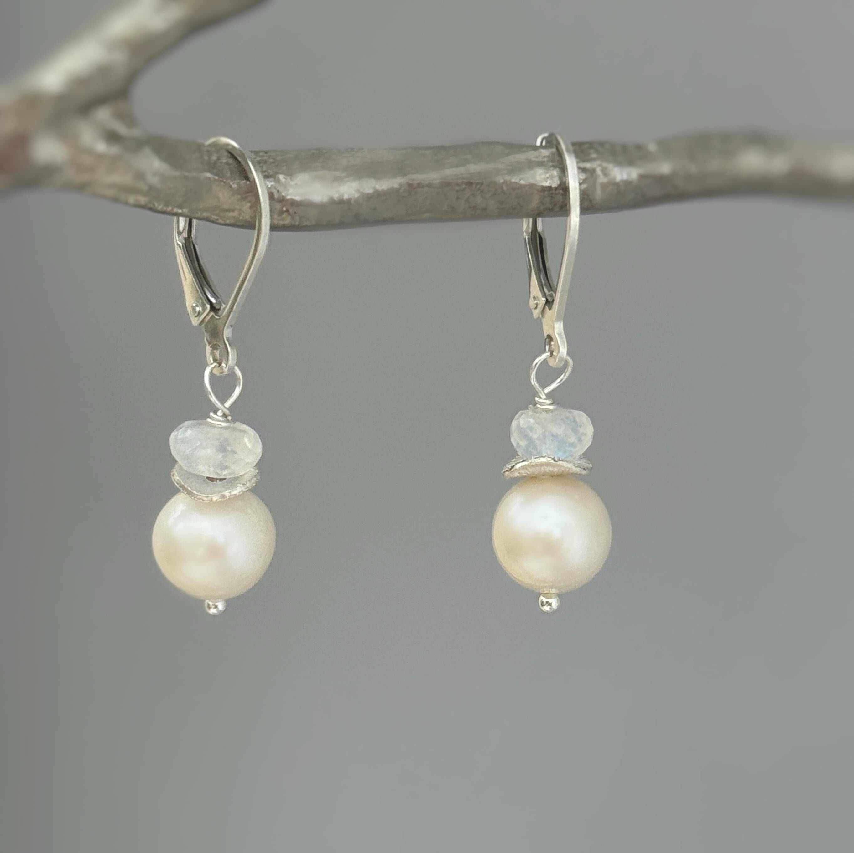 Pearl and Moonstone Earrings Dangle 14k Gold, Silver Handmade Gemstone Freshwater Pearl Jewelry June birth stone gift for mom, wife