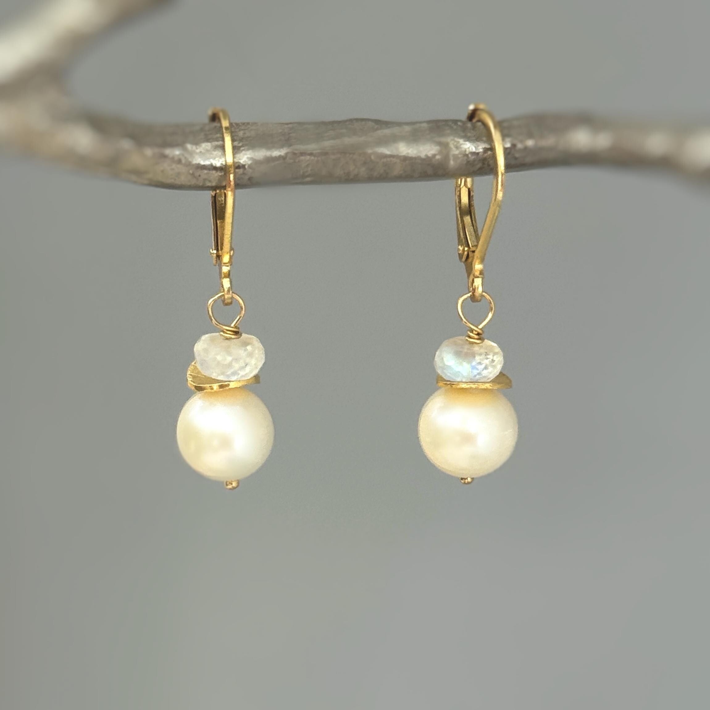 Pearl and Moonstone Earrings Dangle 14k Gold, Silver Handmade Gemstone Freshwater Pearl Jewelry June birth stone gift for mom, wife