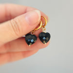 Onyx Black Heart Earrings Dangle Huggie Hoops Gold, Silver minimalist whimsigoth jewelry gift July Birthstone handmade gold gemstone hoops