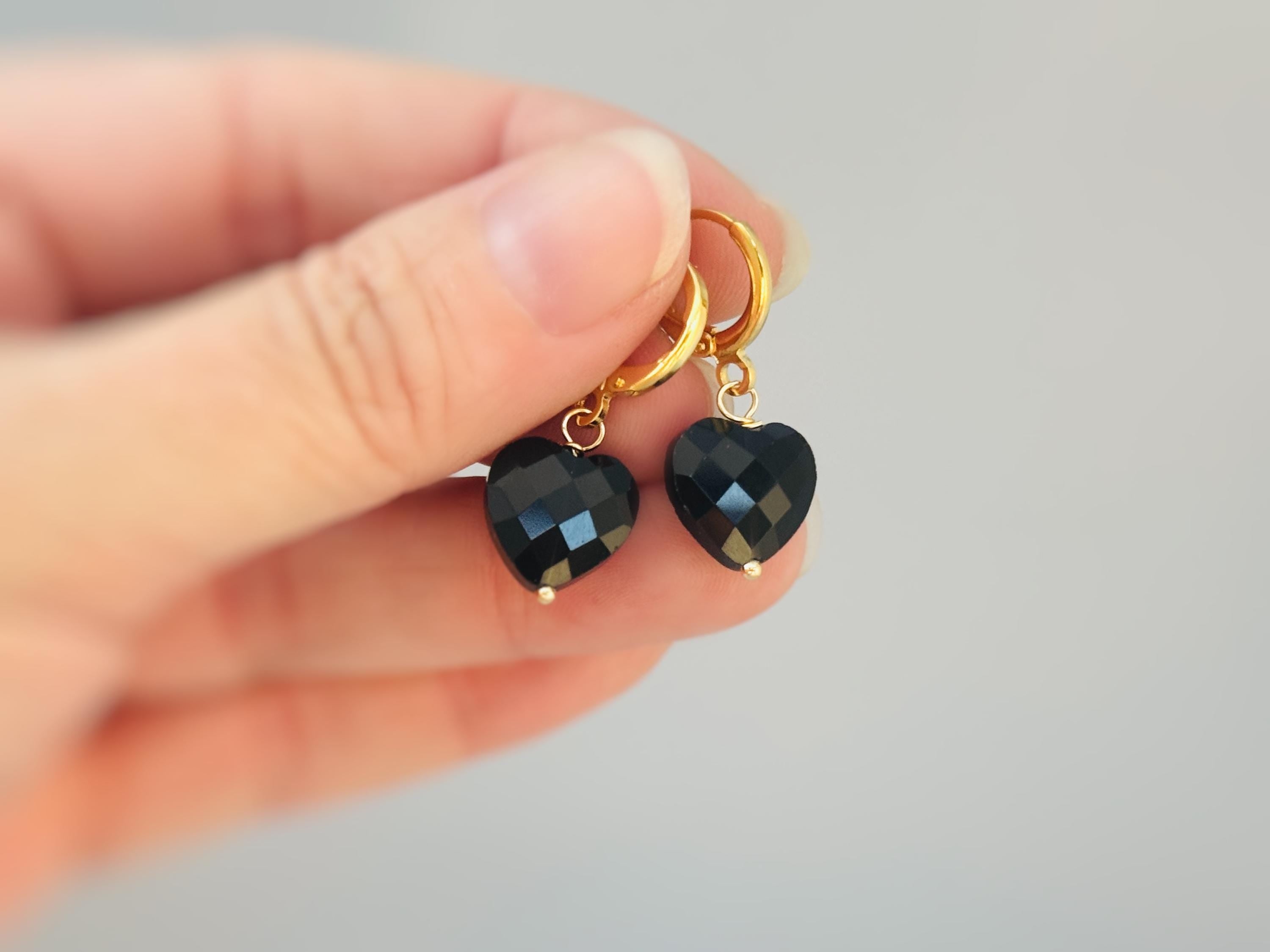 Onyx Black Heart Earrings Dangle Huggie Hoops Gold, Silver minimalist whimsigoth jewelry gift July Birthstone handmade gold gemstone hoops