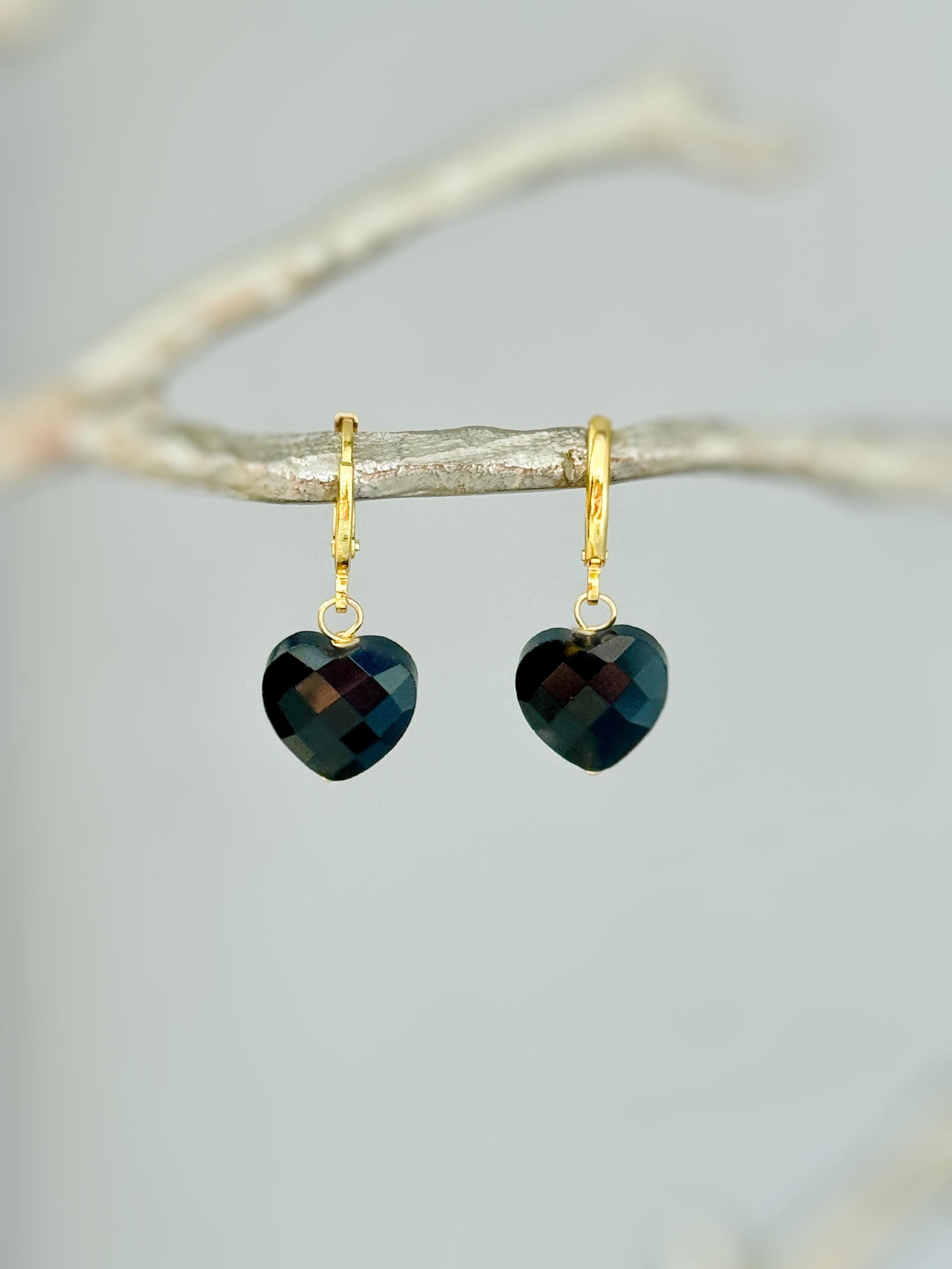 Onyx Black Heart Earrings Dangle Huggie Hoops Gold, Silver minimalist whimsigoth jewelry gift July Birthstone handmade gold gemstone hoops