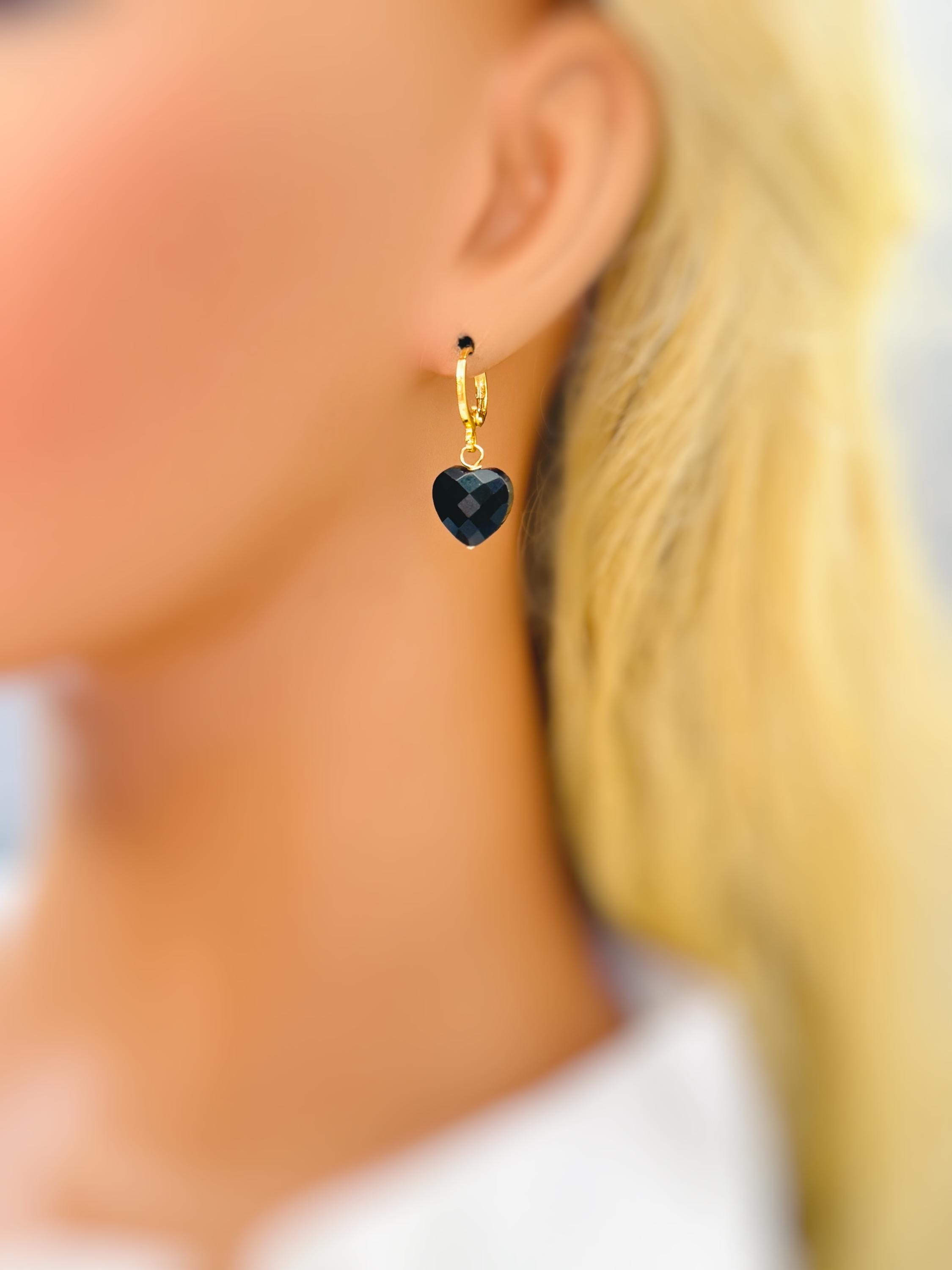 Onyx Black Heart Earrings Dangle Huggie Hoops Gold, Silver minimalist whimsigoth jewelry gift July Birthstone handmade gold gemstone hoops