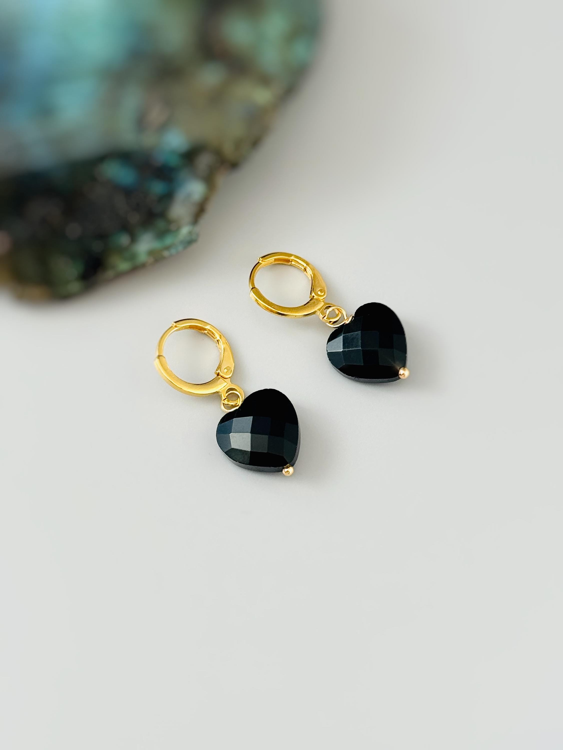 Onyx Black Heart Earrings Dangle Huggie Hoops Gold, Silver minimalist whimsigoth jewelry gift July Birthstone handmade gold gemstone hoops
