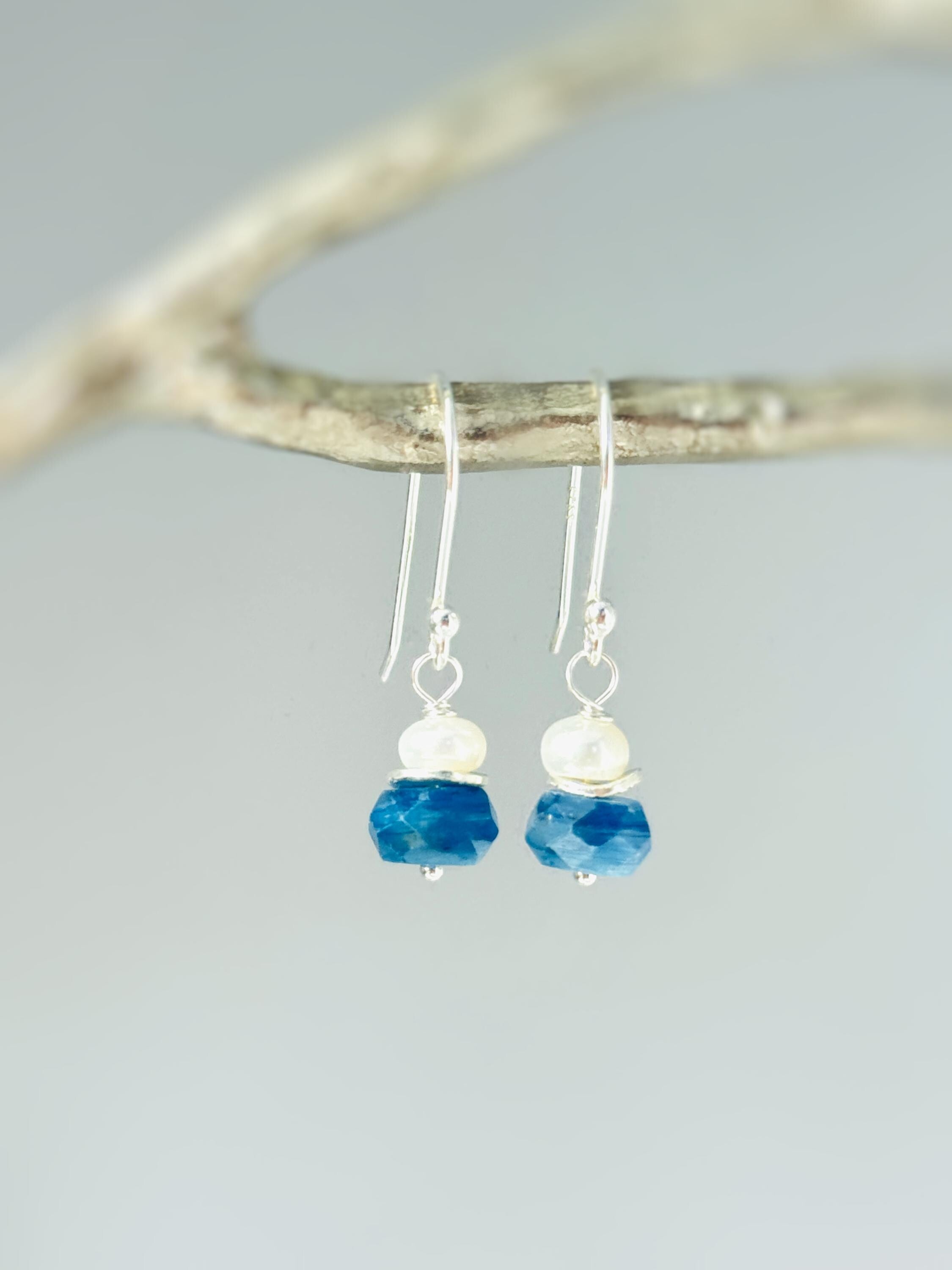 Dainty Moonstone and blue Kyanite Earrings dangle Sterling Silver