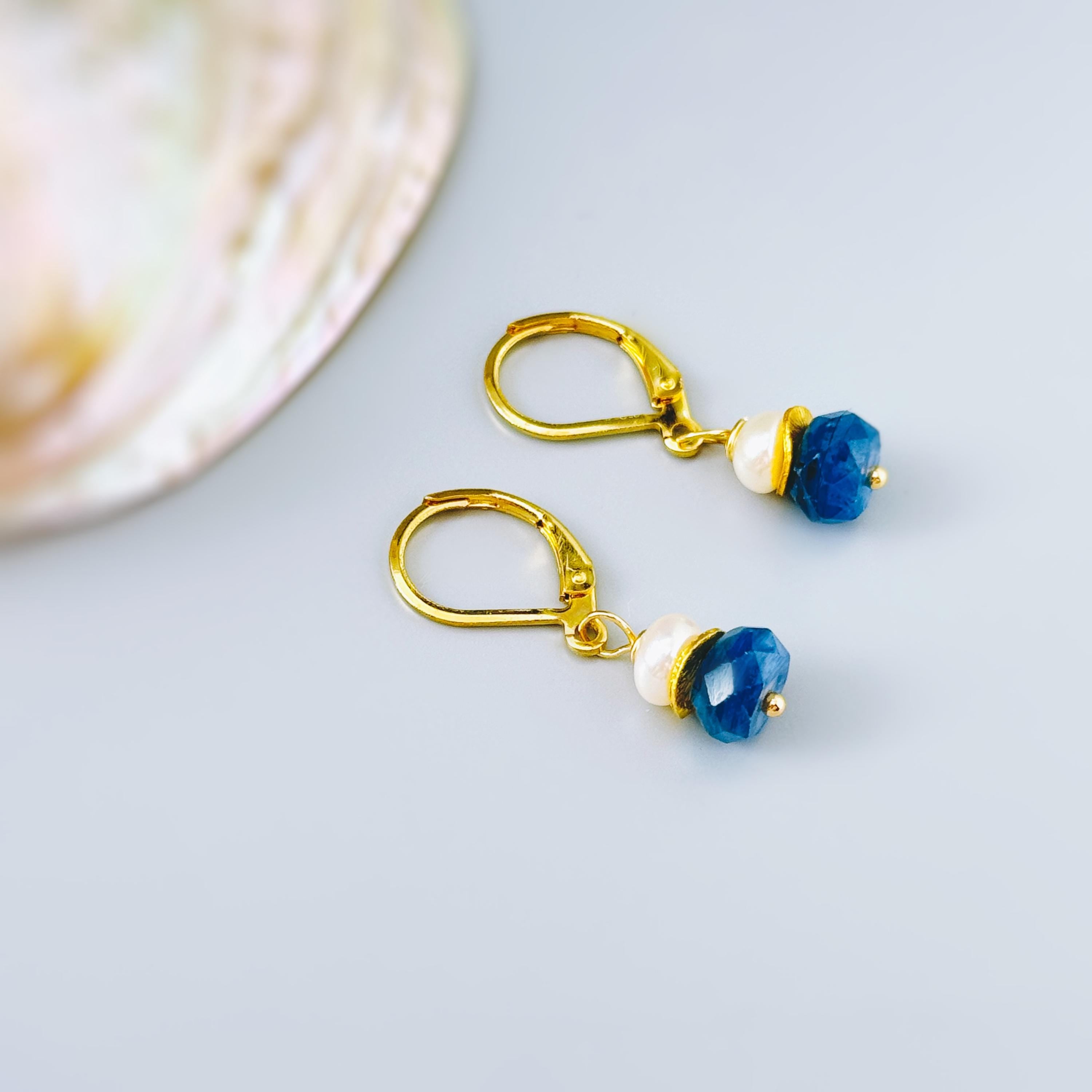 Dainty Moonstone and blue Kyanite Earrings dangle Sterling Silver