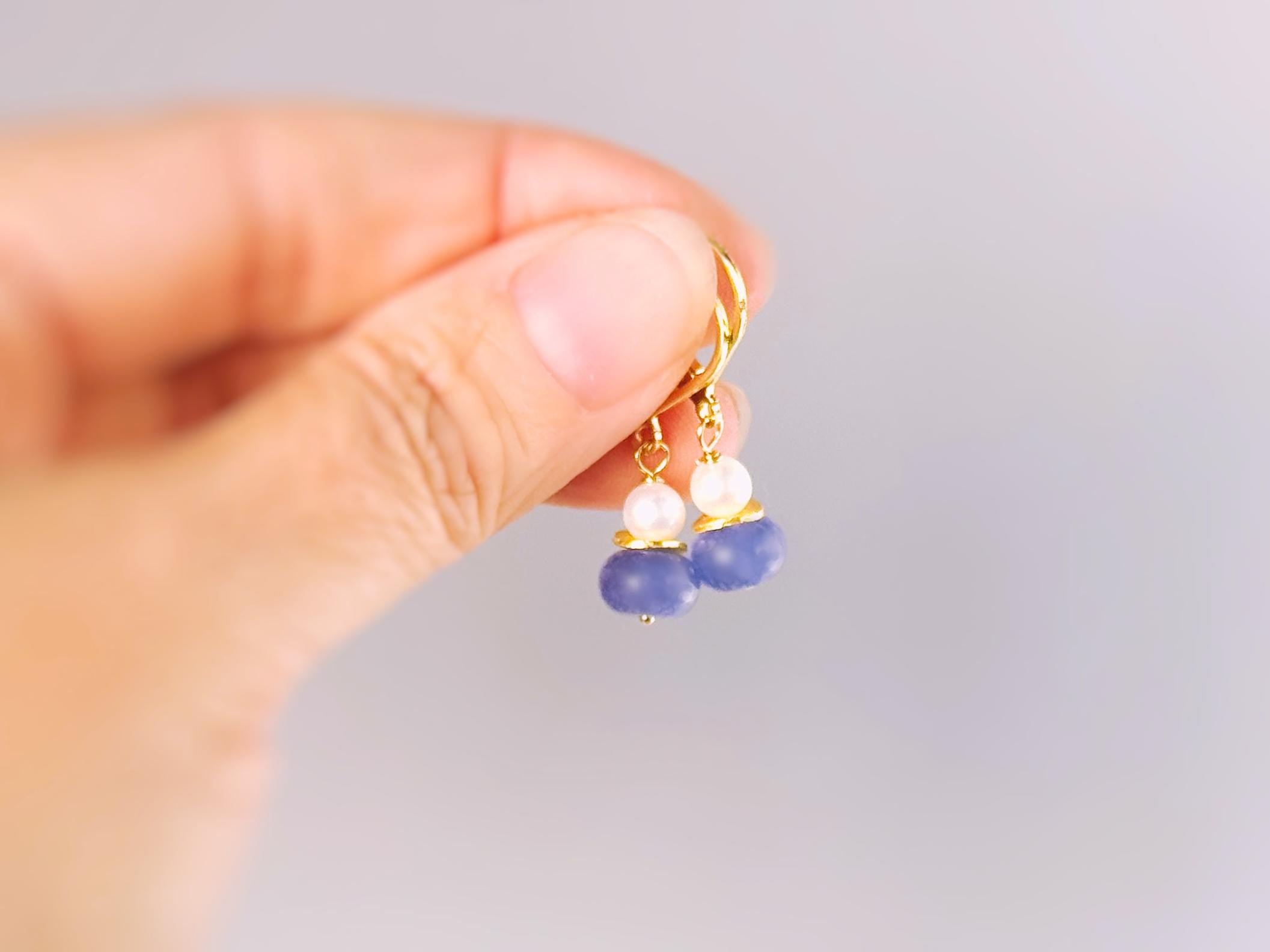 Dainty Pearl and Tanzanite Earrings dangle 14k gold , Sterling Silver handmade purple gemstone freshwater pearl jewelry December birthstone