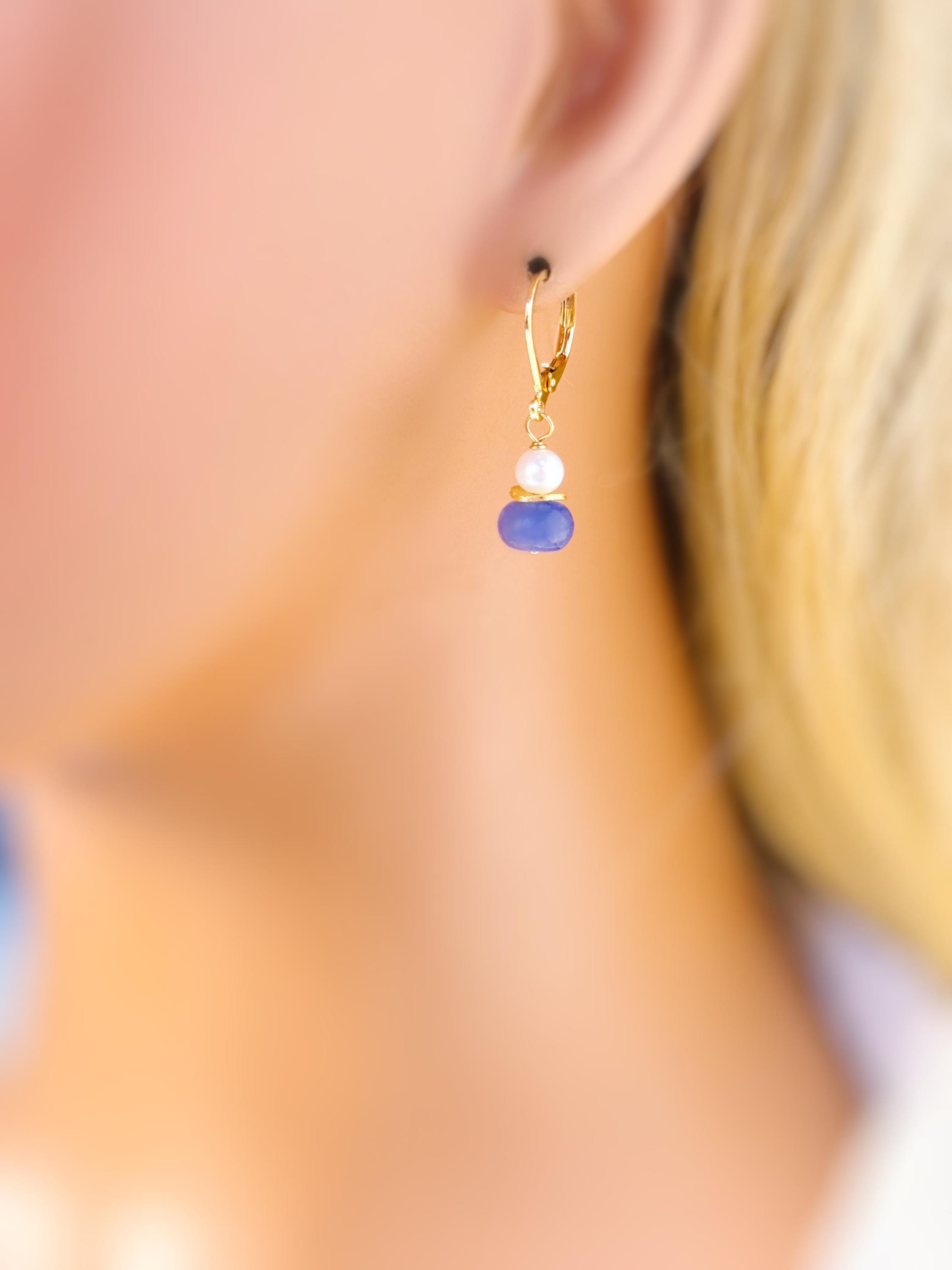 Dainty Pearl and Tanzanite Earrings dangle 14k gold , Sterling Silver handmade purple gemstone freshwater pearl jewelry December birthstone