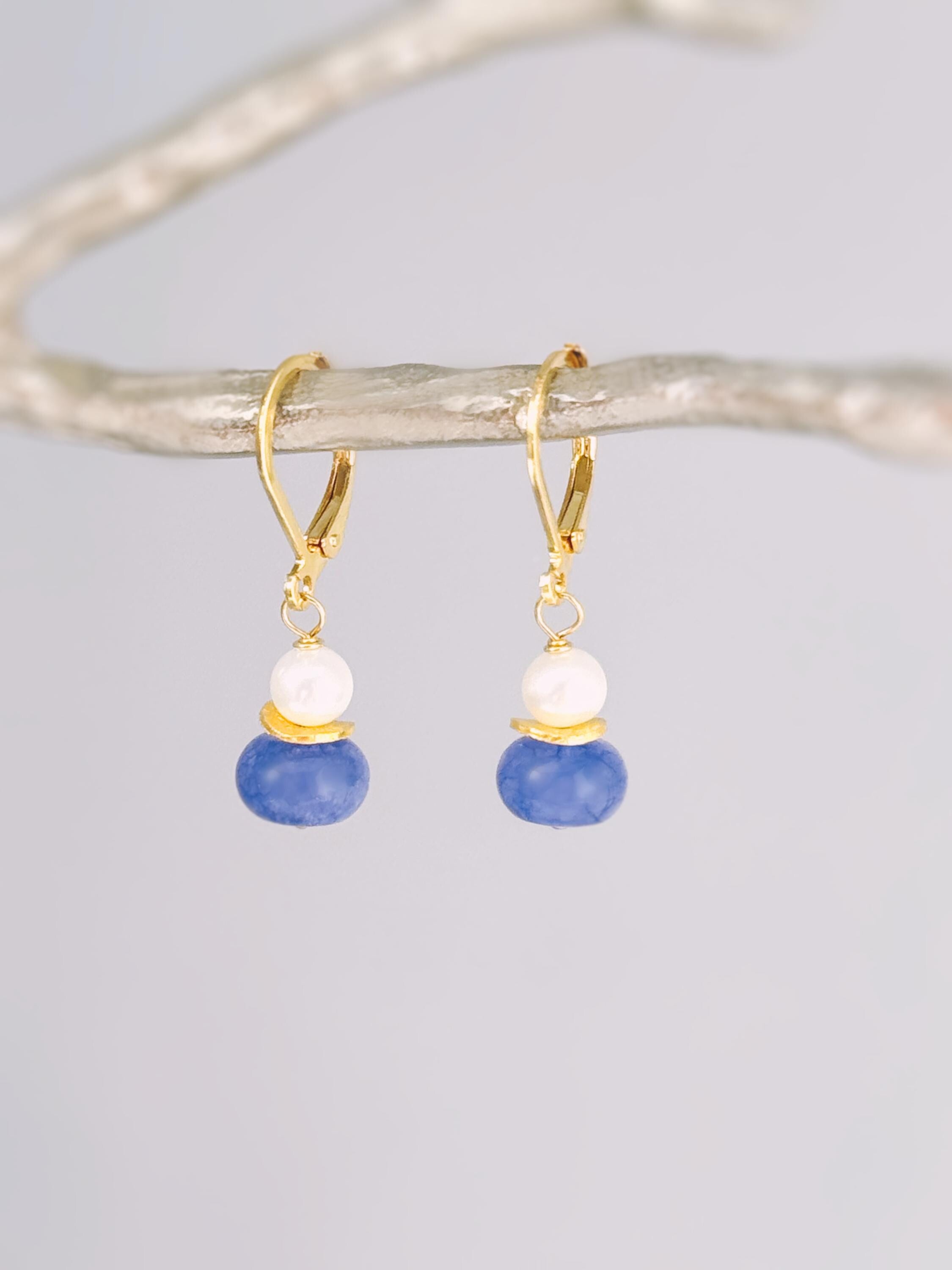 Dainty Pearl and Tanzanite Earrings dangle 14k gold , Sterling Silver handmade purple gemstone freshwater pearl jewelry December birthstone