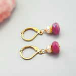 Dainty Pearl and Pink Sapphire Earrings dangle 14k gold, Sterling Silver dangly pink gemstone freshwater pearl jewelry September birthstone