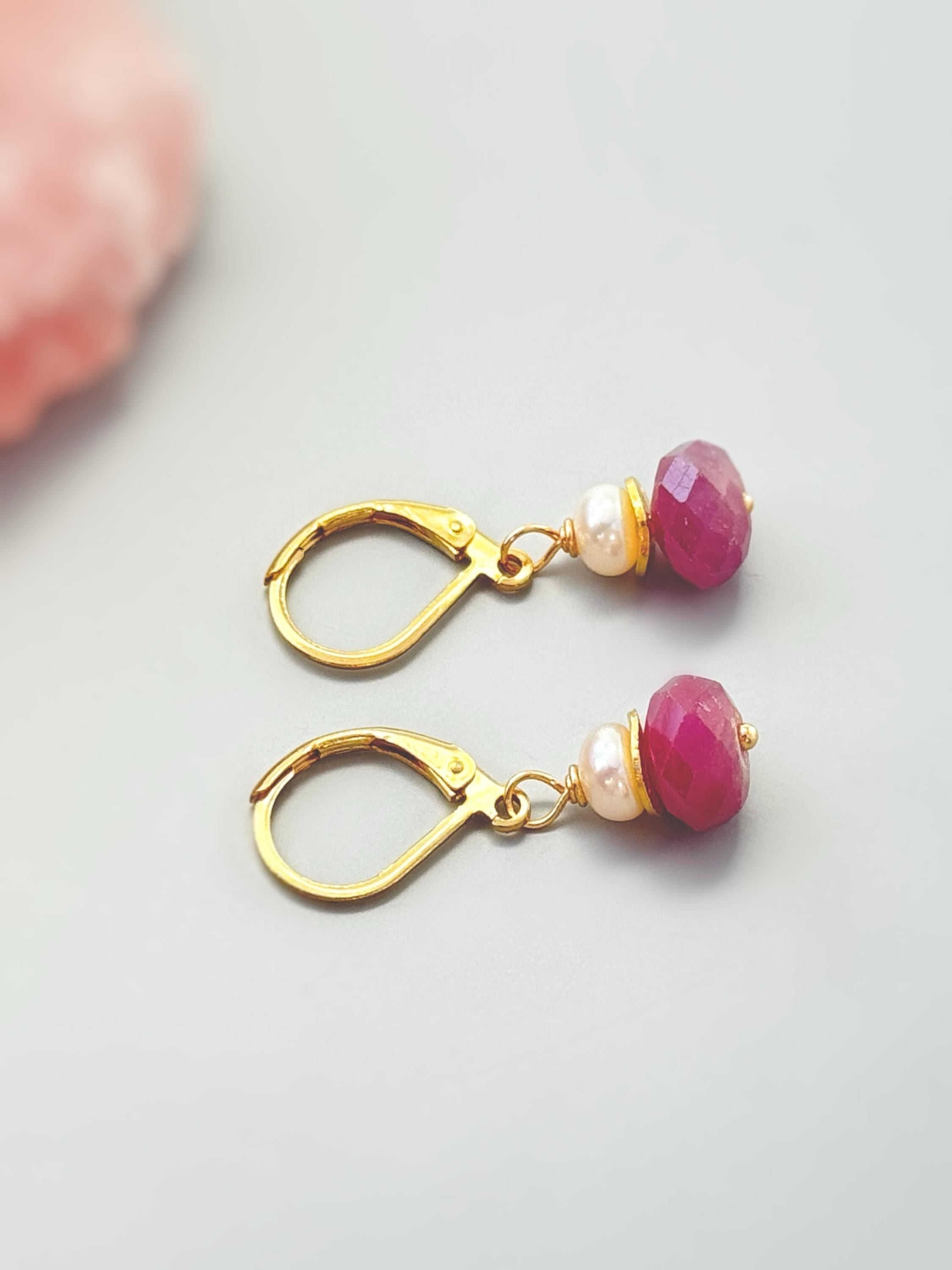 Dainty Pearl and Pink Sapphire Earrings dangle 14k gold, Sterling Silver dangly pink gemstone freshwater pearl jewelry September birthstone