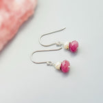 Dainty Pearl and Pink Sapphire Earrings dangle 14k gold, Sterling Silver dangly pink gemstone freshwater pearl jewelry September birthstone