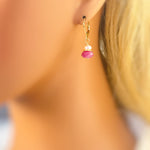 Dainty Pearl and Pink Sapphire Earrings dangle 14k gold, Sterling Silver dangly pink gemstone freshwater pearl jewelry September birthstone