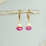Dainty Pearl and Pink Sapphire Earrings dangle 14k gold, Sterling Silver dangly pink gemstone freshwater pearl jewelry September birthstone