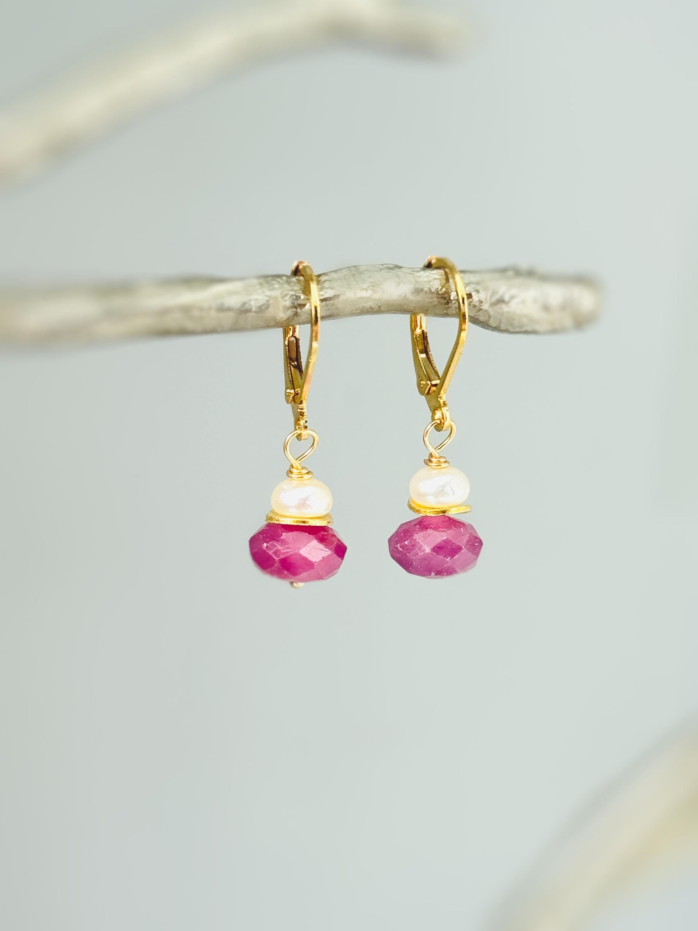 Dainty Pearl and Pink Sapphire Earrings dangle 14k gold, Sterling Silver dangly pink gemstone freshwater pearl jewelry September birthstone