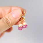 Dainty Pearl and Pink Sapphire Earrings dangle 14k gold, Sterling Silver dangly pink gemstone freshwater pearl jewelry September birthstone