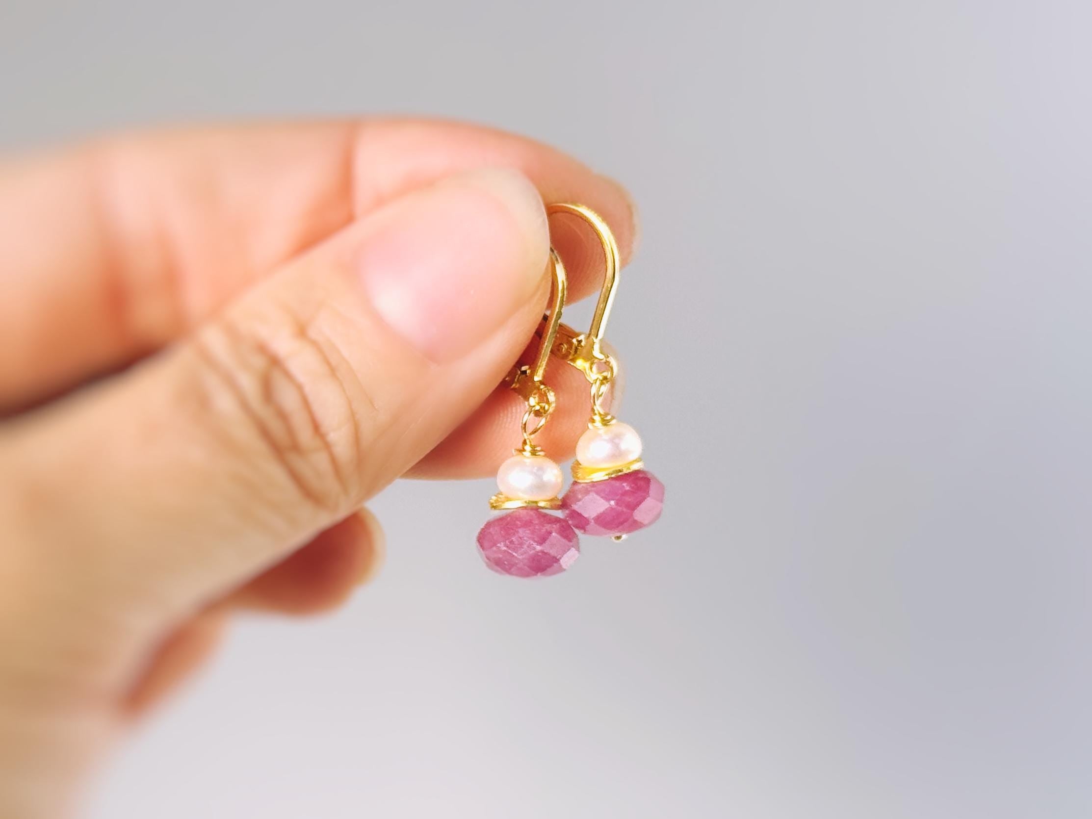 Dainty Pearl and Pink Sapphire Earrings dangle 14k gold, Sterling Silver dangly pink gemstone freshwater pearl jewelry September birthstone