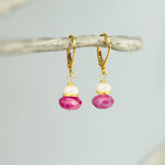 Dainty Pearl and Pink Sapphire Earrings dangle 14k gold, Sterling Silver dangly pink gemstone freshwater pearl jewelry September birthstone