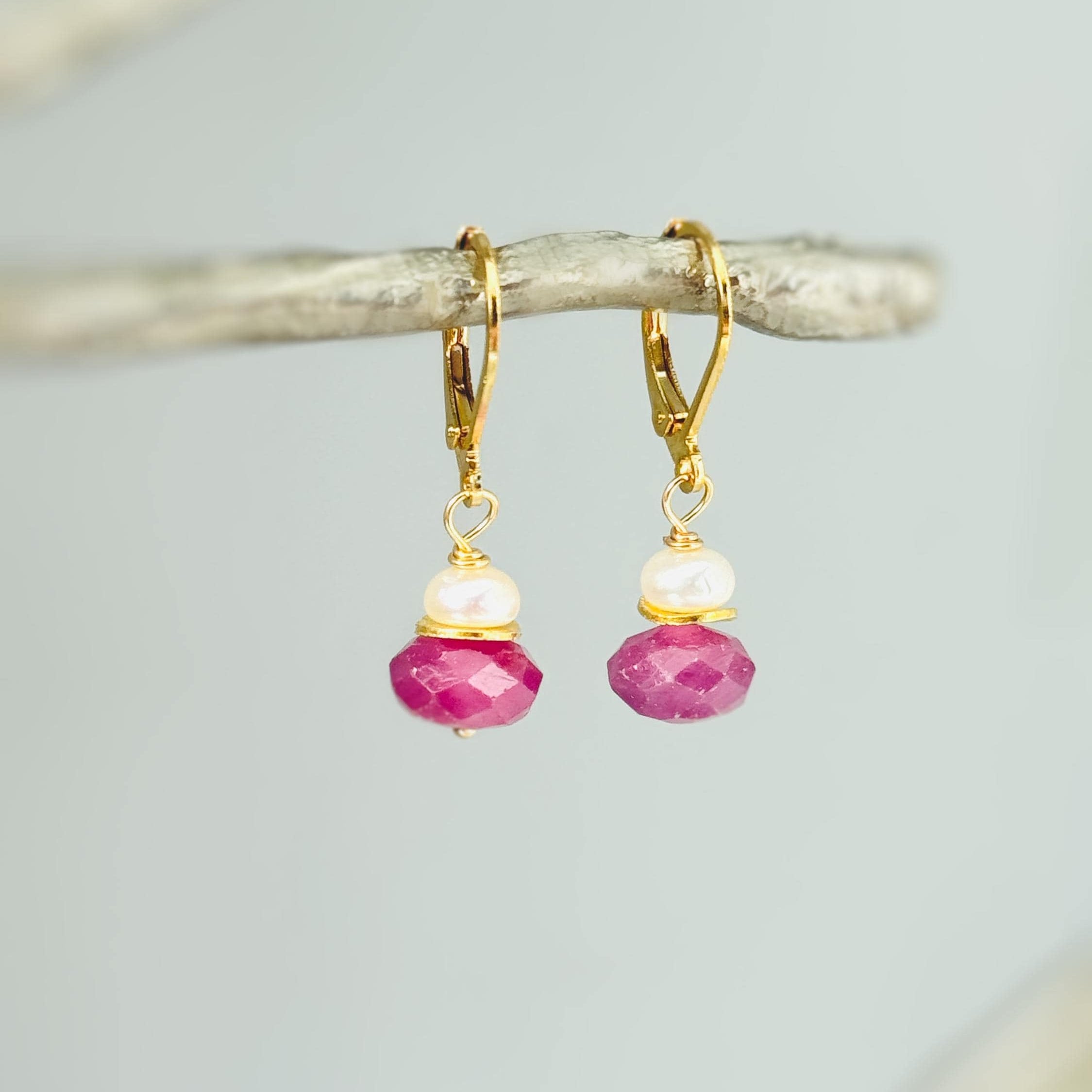 Dainty Pearl and Pink Sapphire Earrings dangle 14k gold, Sterling Silver dangly pink gemstone freshwater pearl jewelry September birthstone