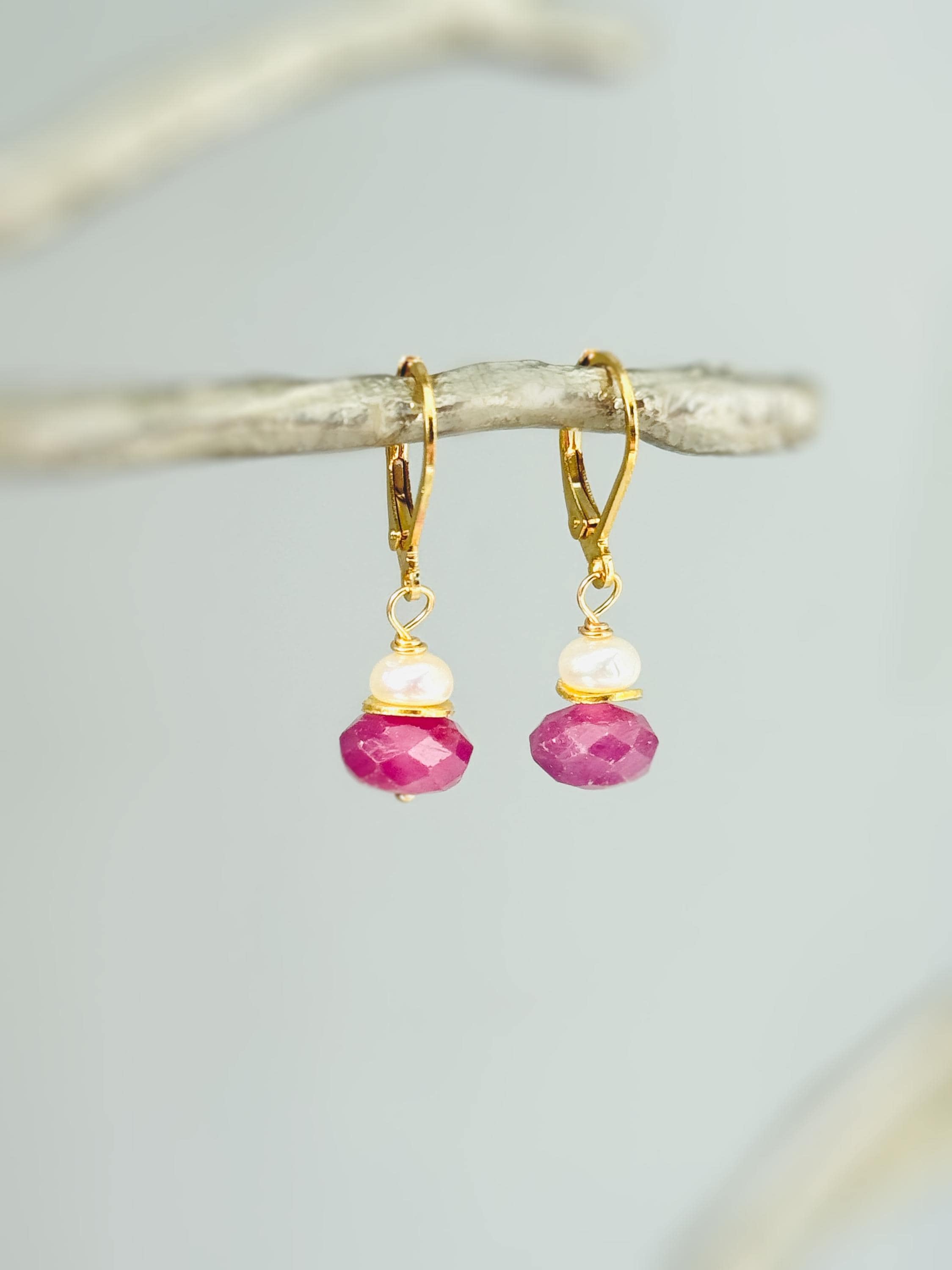 Dainty Pearl and Pink Sapphire Earrings dangle 14k gold, Sterling Silver dangly pink gemstone freshwater pearl jewelry September birthstone