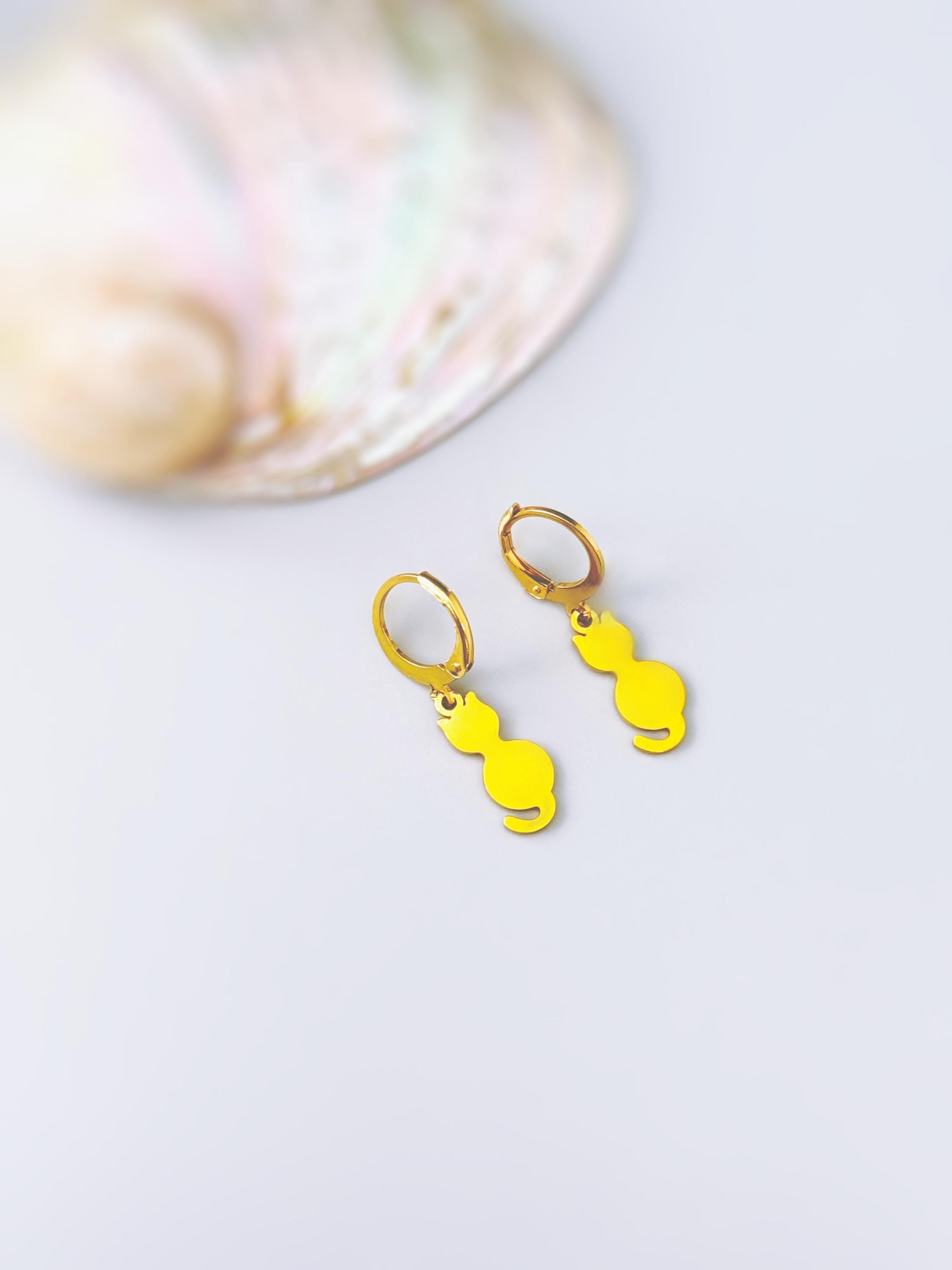 Dainty Cat Earrings dangle gold Huggie Hoops handmade silver kitten jewelry unique gift for cat moms, animal lovers veterinarians, vet techs