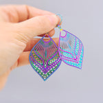 Colorful Boho Filigree Leaf Earrings Rainbow Dangle lightweight large Statement earrings, big unique funky festival jewelry fun gift for bff