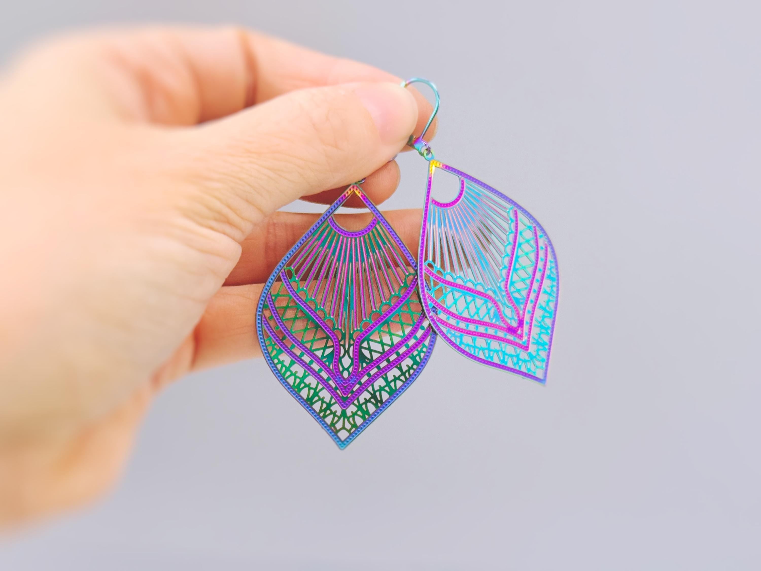 Colorful Boho Filigree Leaf Earrings Rainbow Dangle lightweight large Statement earrings, big unique funky festival jewelry fun gift for bff