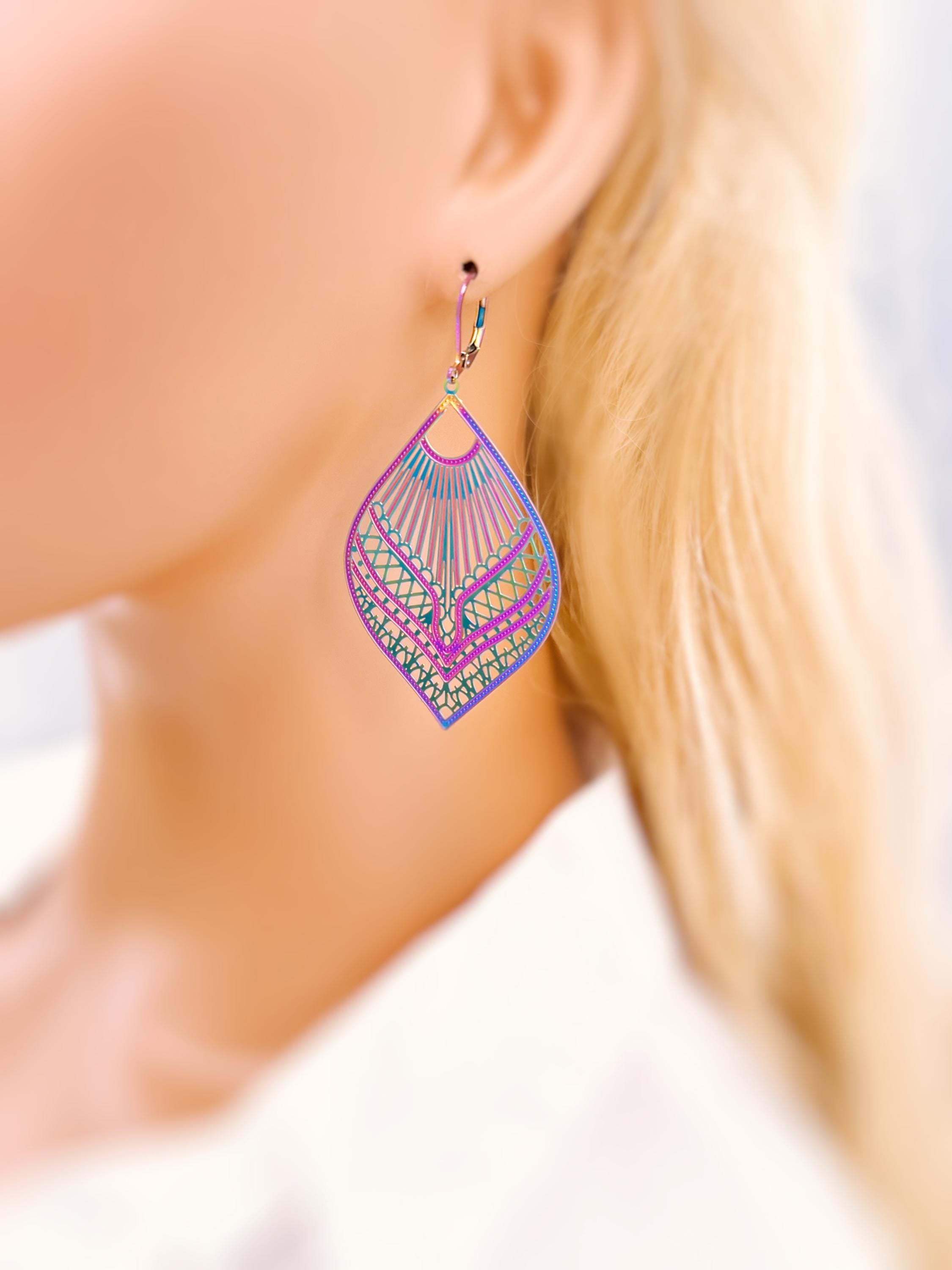 Colorful Boho Filigree Leaf Earrings Rainbow Dangle lightweight large Statement earrings, big unique funky festival jewelry fun gift for bff