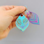 Colorful Boho Filigree Leaf Earrings Rainbow Dangle lightweight large Statement earrings, big unique funky festival jewelry fun gift for bff