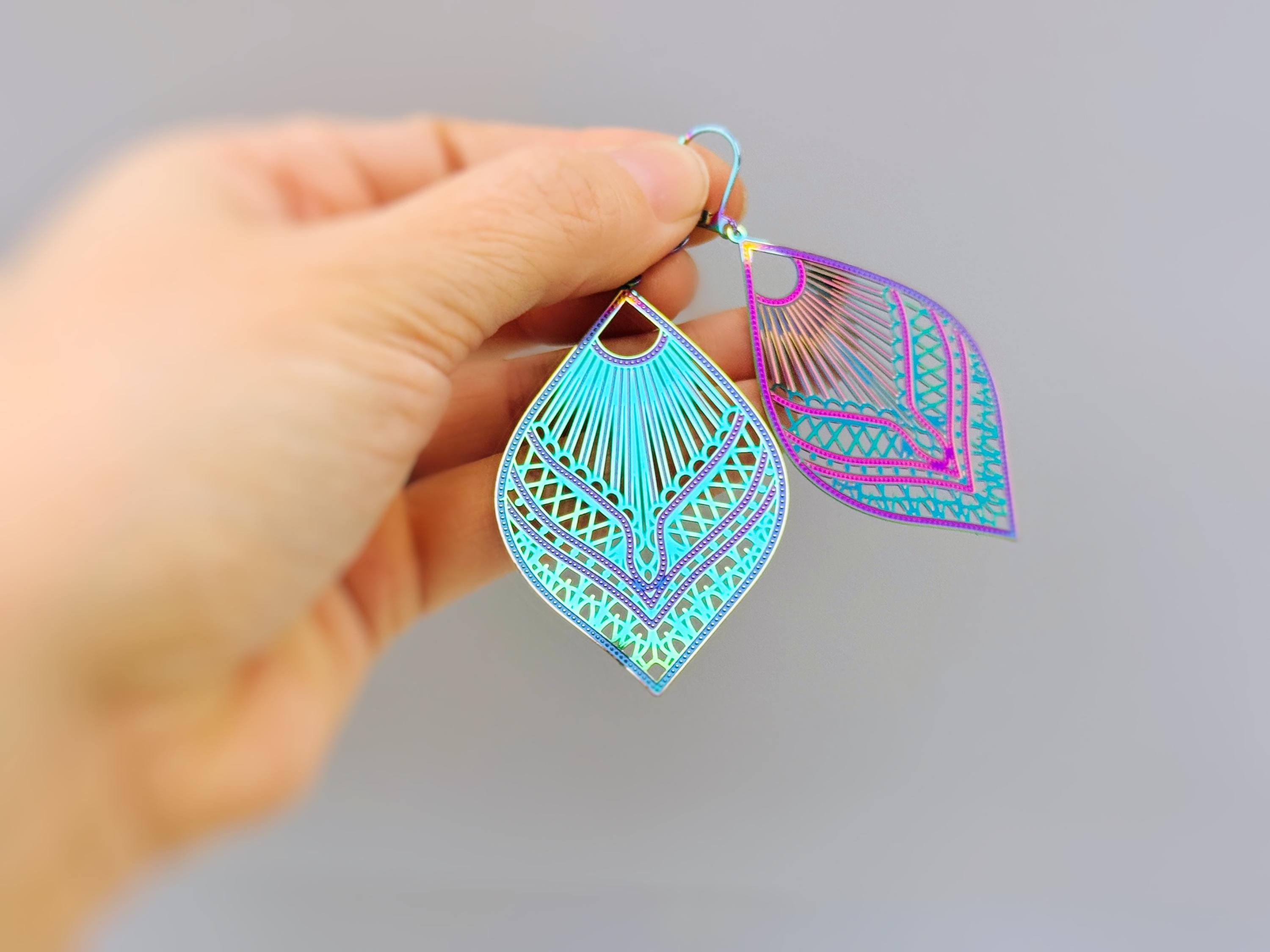 Colorful Boho Filigree Leaf Earrings Rainbow Dangle lightweight large Statement earrings, big unique funky festival jewelry fun gift for bff