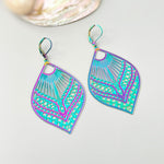 Colorful Boho Filigree Leaf Earrings Rainbow Dangle lightweight large Statement earrings, big unique funky festival jewelry fun gift for bff