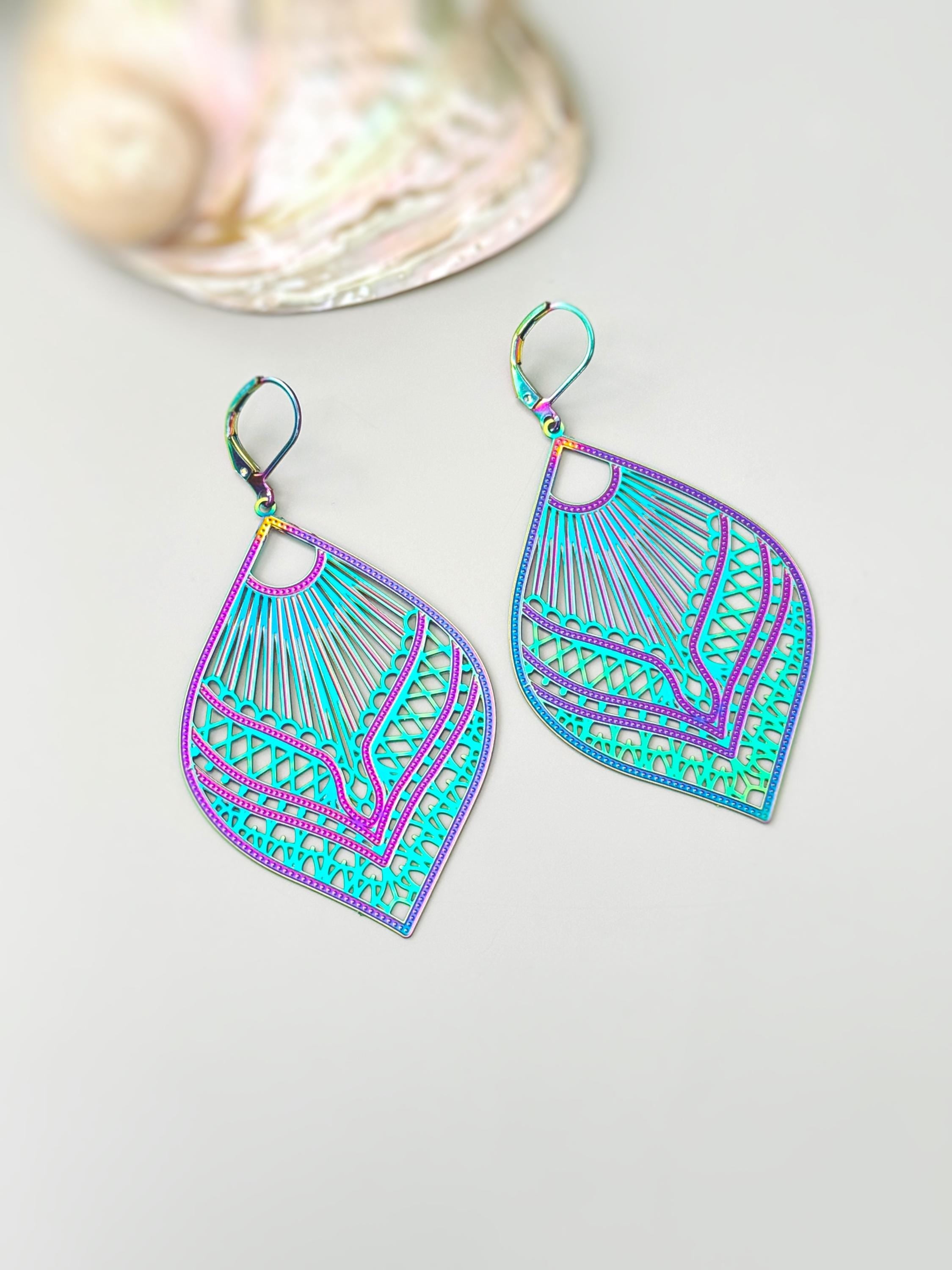 Colorful Boho Filigree Leaf Earrings Rainbow Dangle lightweight large Statement earrings, big unique funky festival jewelry fun gift for bff