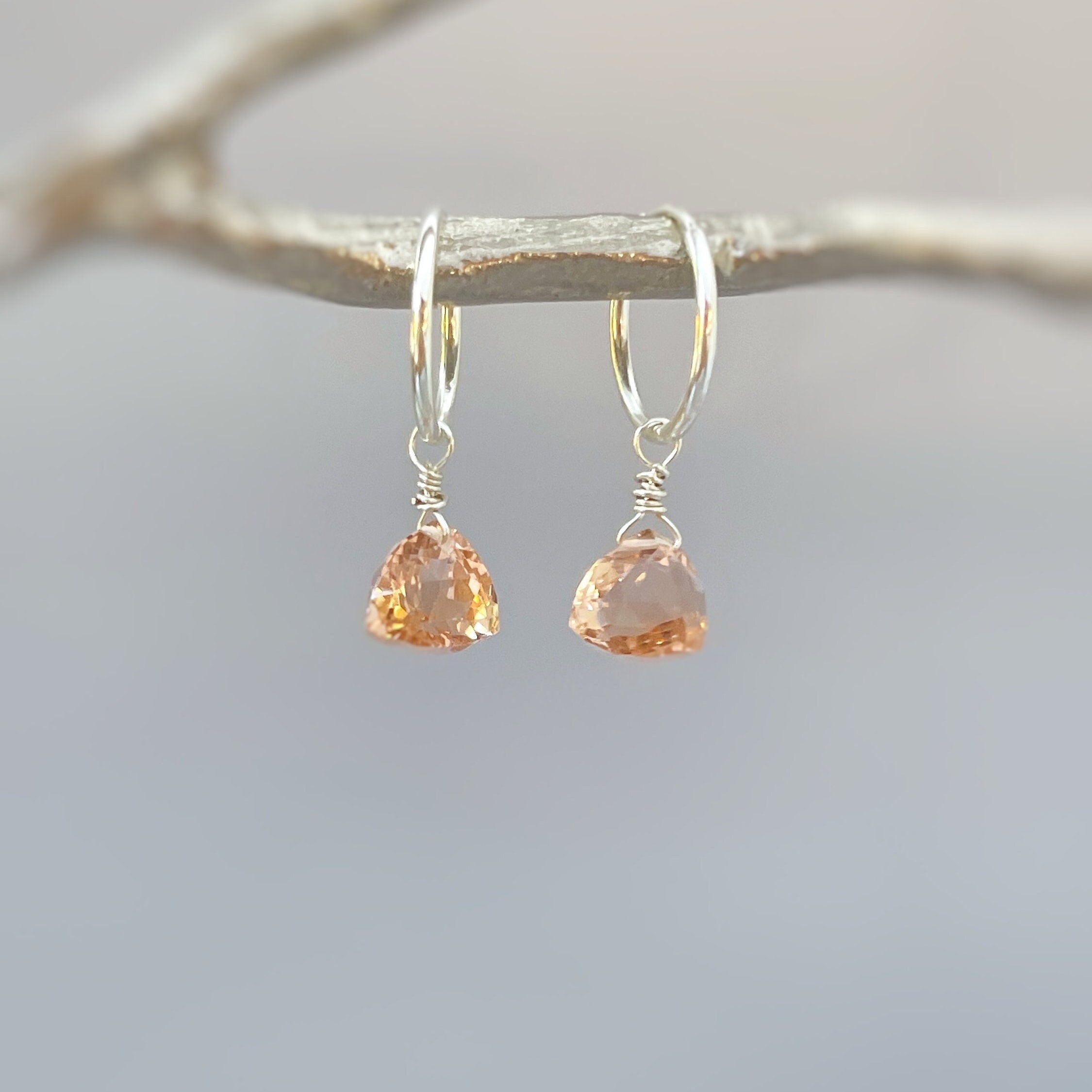 Morganite Earrings Dangle Huggie Hoops Sterling Silver, Rose Gold, 14k Gold Fill Handmade dainty raw gemstone crystal jewelry for mom