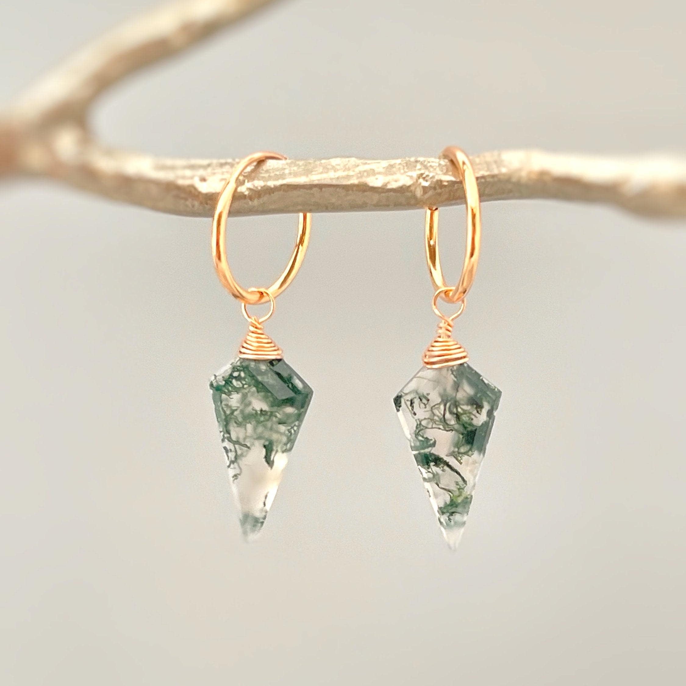 Moss Agate Earrings Dangle Rose Gold Huggie Hoops Sterling Silver Handmade jewelry 14k Gold Fill dainty raw gemstone crystal earrings