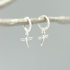 Tiny Dragonfly Earrings dangle Huggie Hoops silver, gold handmade nature jewelry unique gift for sister mom gardener summer spring jewelry