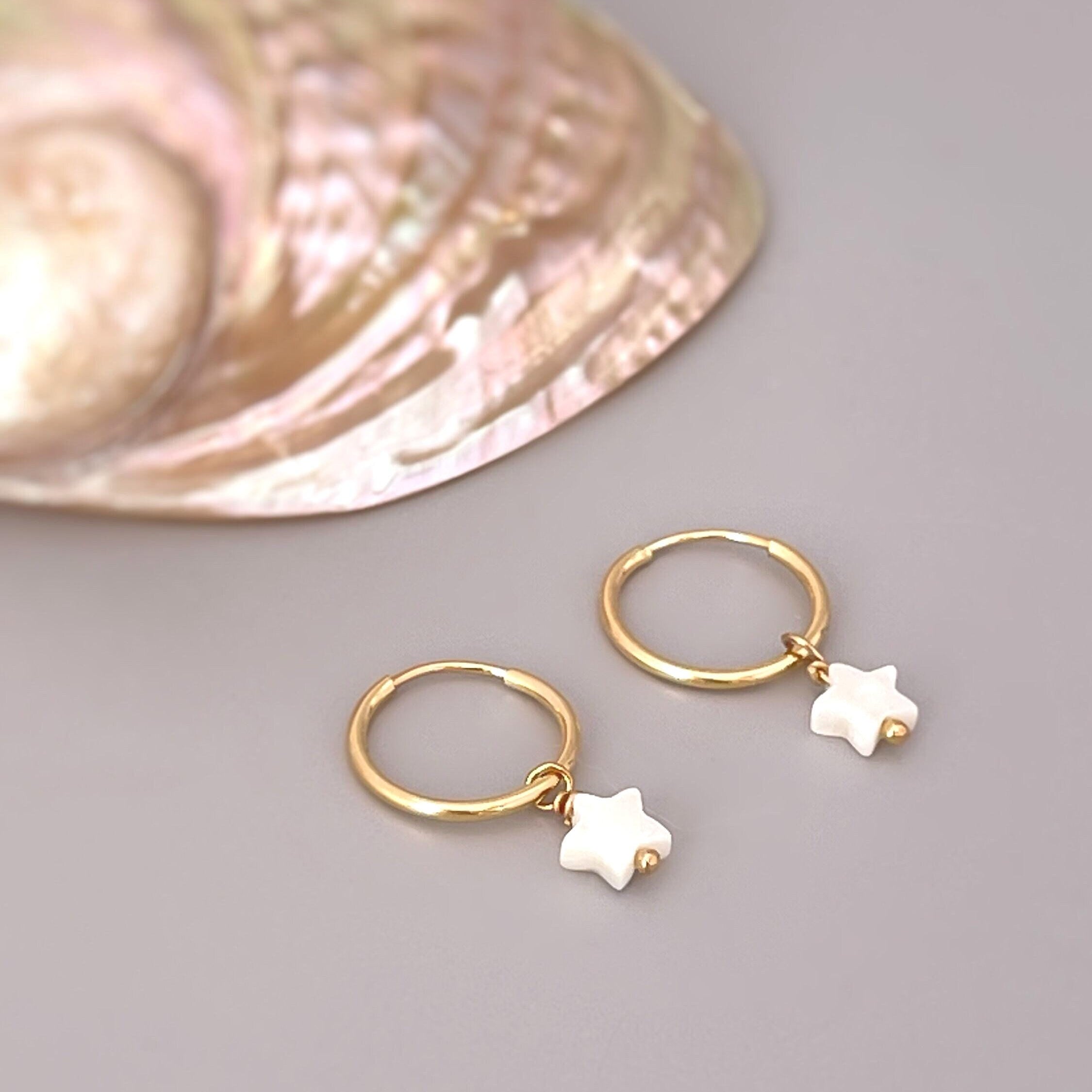 Mother of Pearl Star Earrings Huggie Hoops dangle 14k Gold, Sterling Silver handmade shell jewelry Summer beach jewelry gift for sister friend