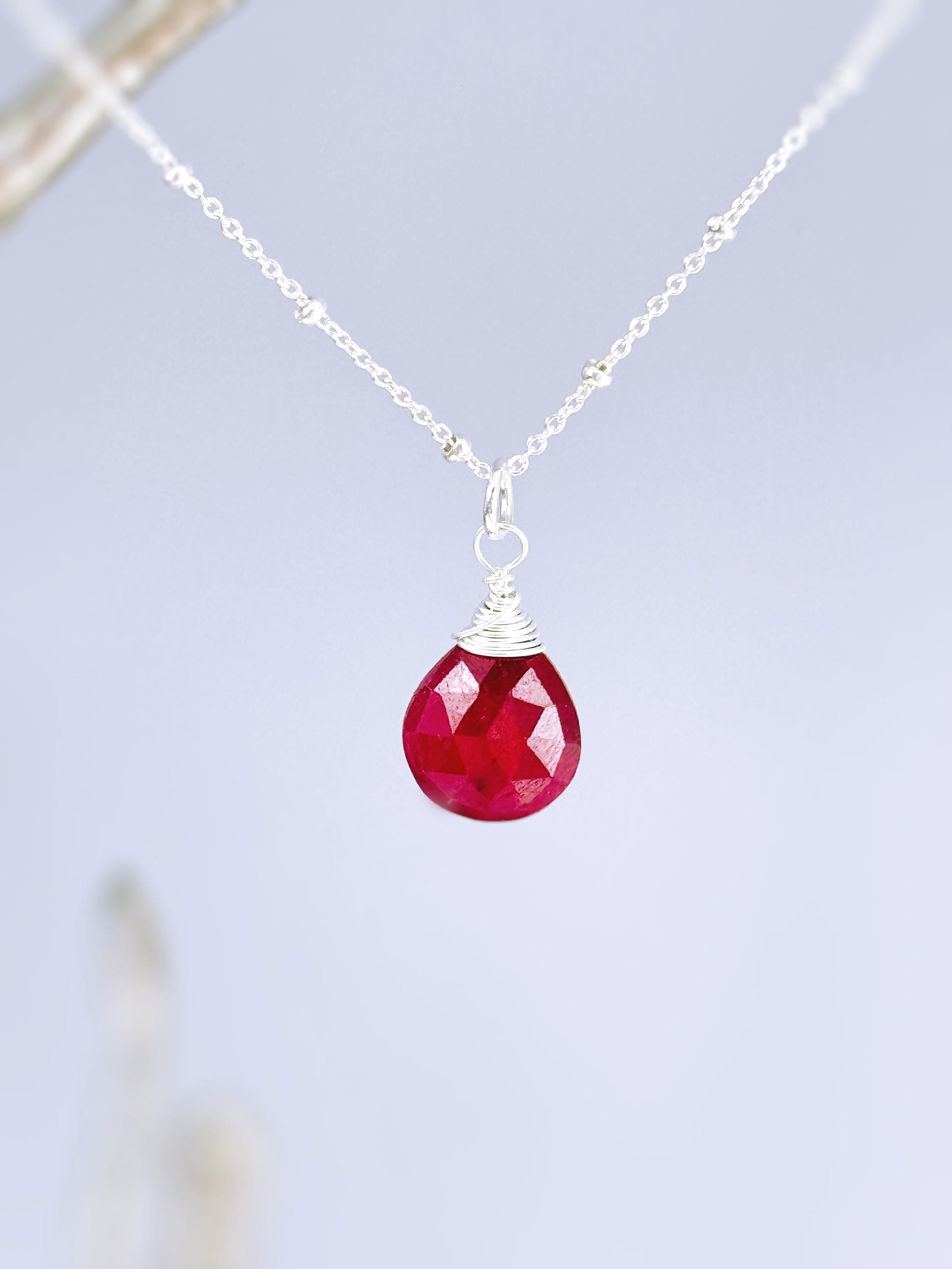 Dainty Ruby Necklace Sterling Silver, 14k Gold Fill July Birthstone Jewelry Faceted red Gemstone Pendant Handmade Gift for girlfriend, wife