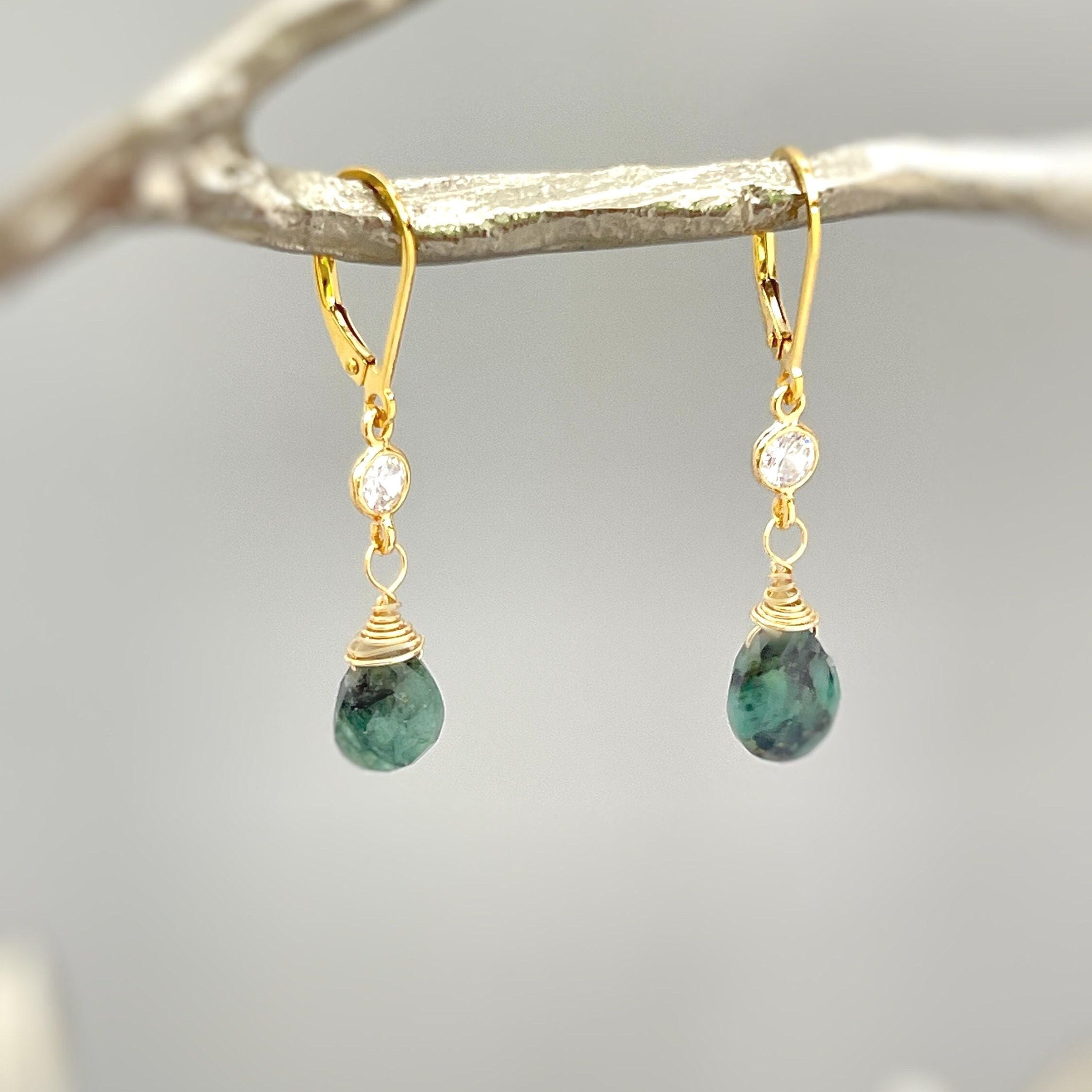 Dainty Emerald earrings dangle, 14k Gold crystal silver dangly tear drop boho handmade green gemstone jewelry for women, May Birthstone gift