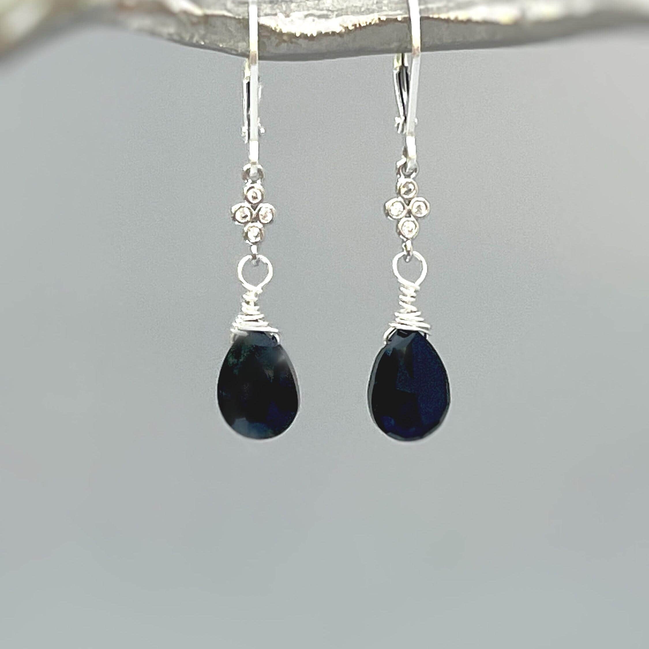 Dainty Black Onyx earrings dangle, Sterling Silver, Gold crystal dangly tear drop handmade boho gemstone jewelry for women July Birthstone