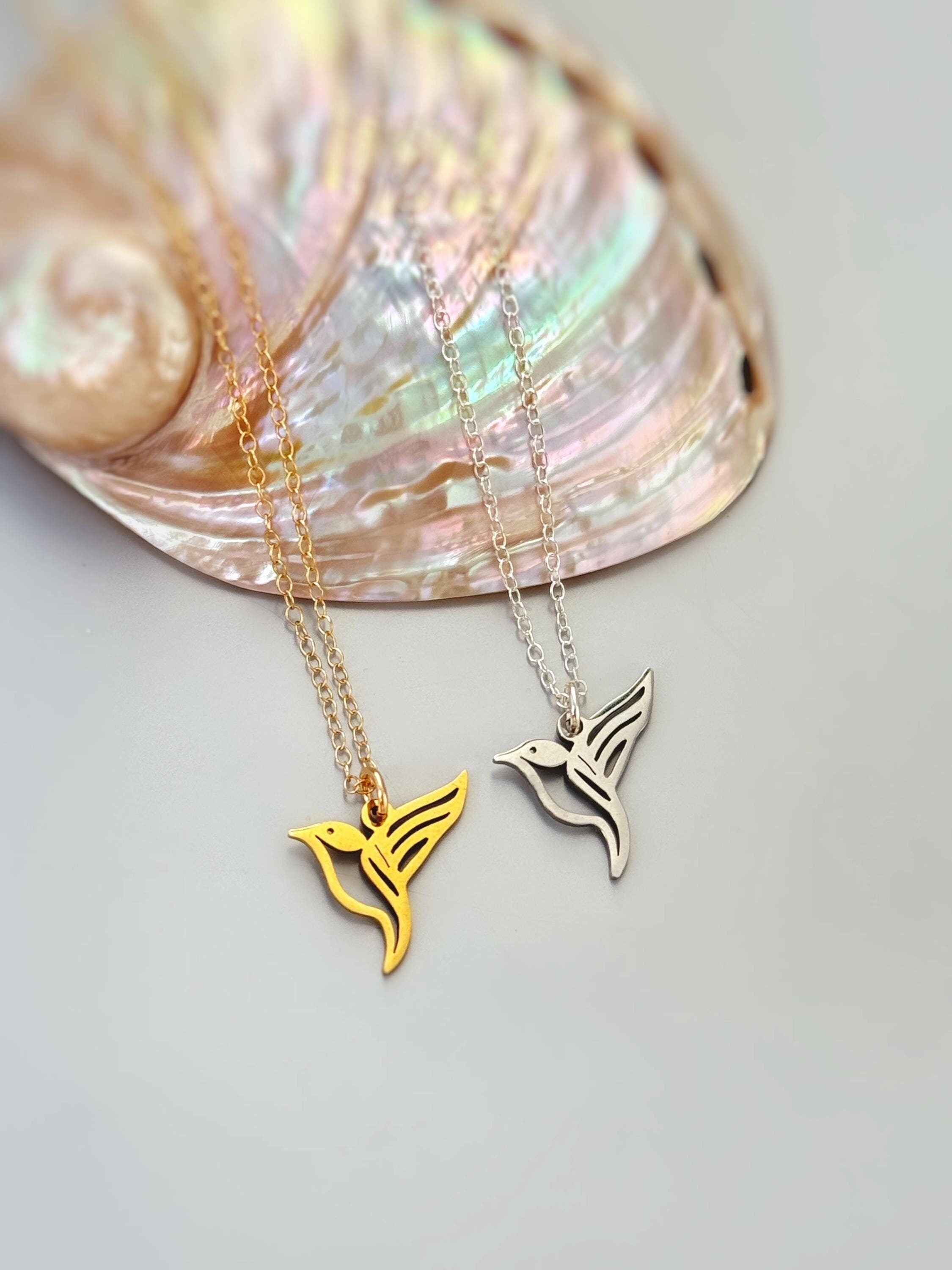 Hummingbird Necklace Sterling Silver Gold handmade jewelry unique nature boho charm pendant necklace gift for bird lover friend daughter mom