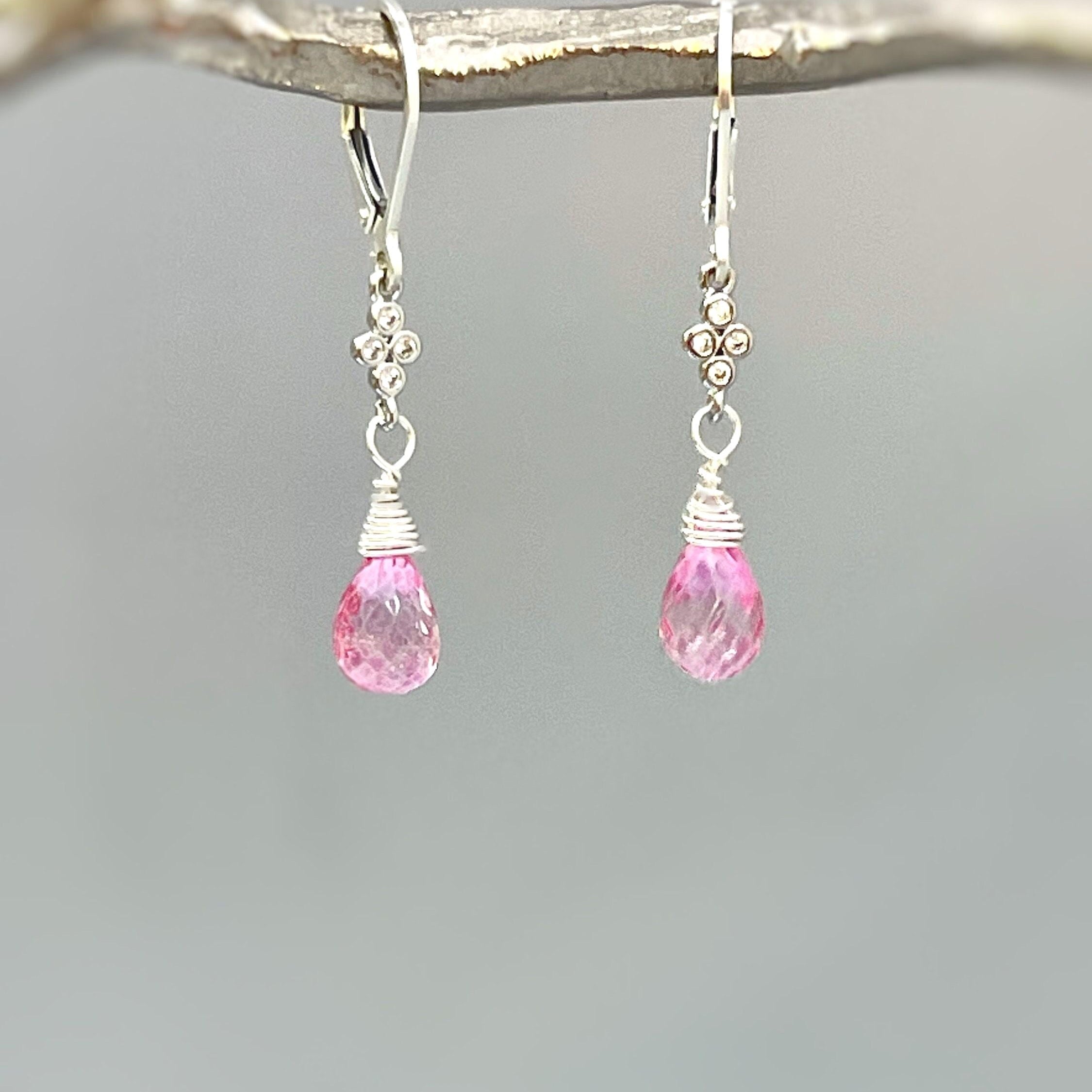 Pink Topaz earrings dangle, Sterling Silver, Rose Gold dangly boho handmade crystal gemstone jewelry for women February Birthstone gift mom