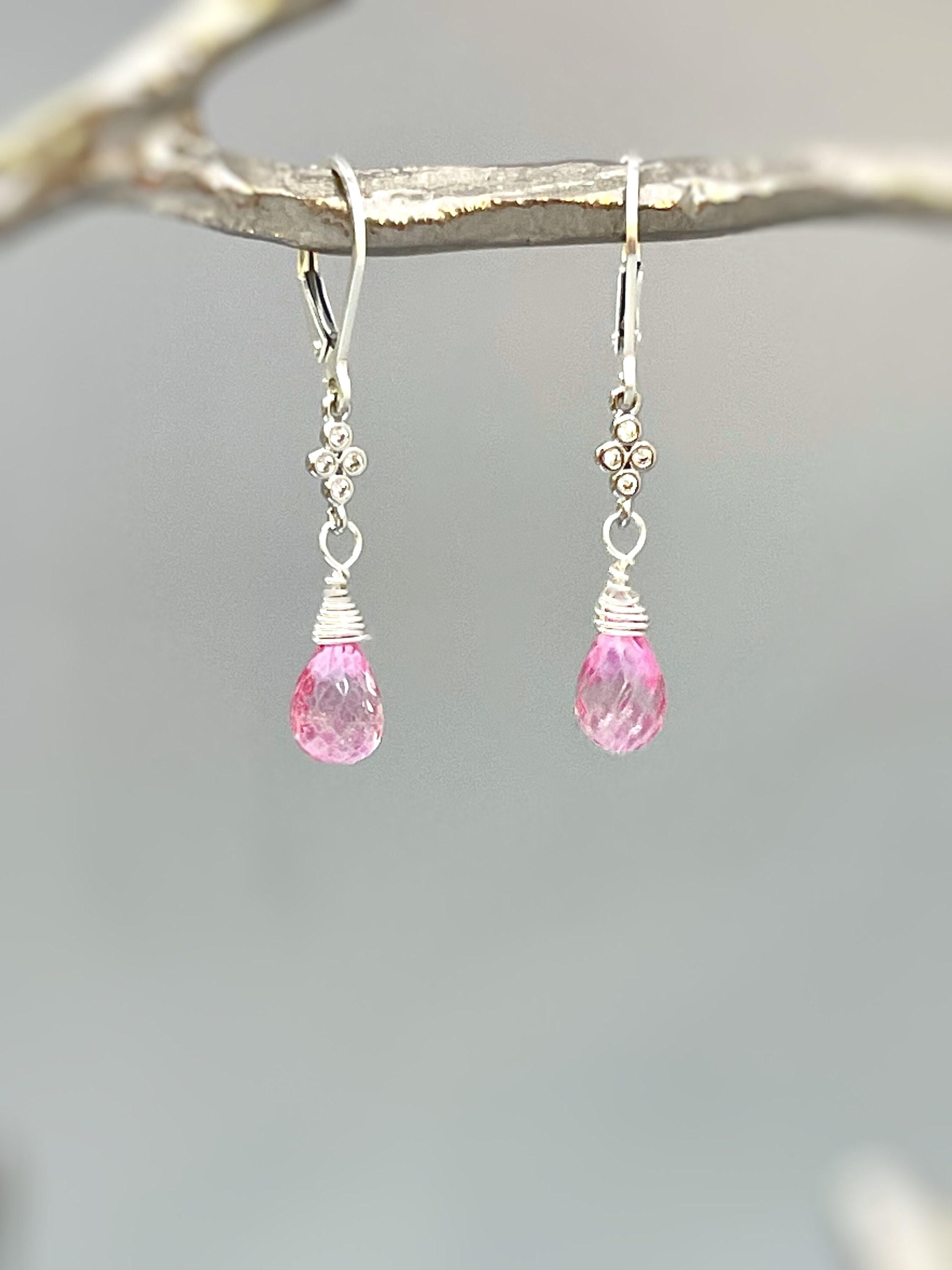 Pink Topaz earrings dangle, Sterling Silver, Rose Gold dangly boho handmade crystal gemstone jewelry for women February Birthstone gift mom
