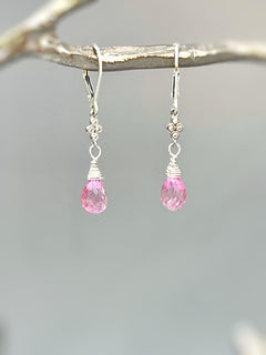 Pink Topaz earrings dangle, Sterling Silver, Rose Gold dangly boho handmade crystal gemstone jewelry for women February Birthstone gift mom