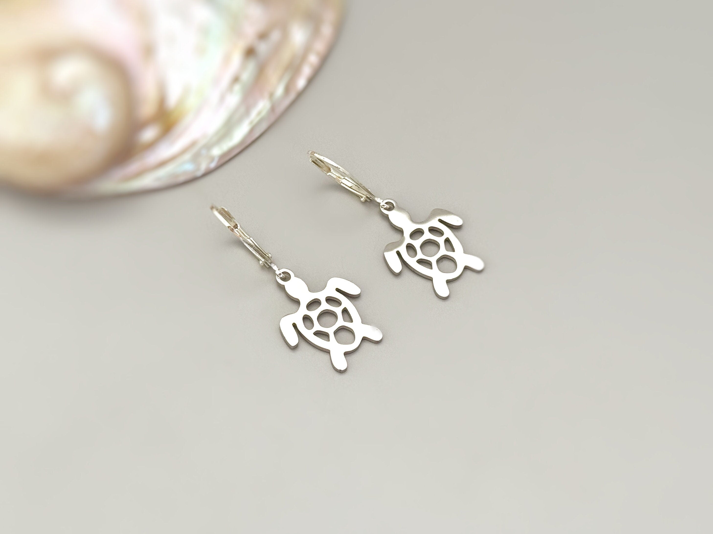 Silver Sea Turtle earrings dangle sterling silver, gold animal over gift