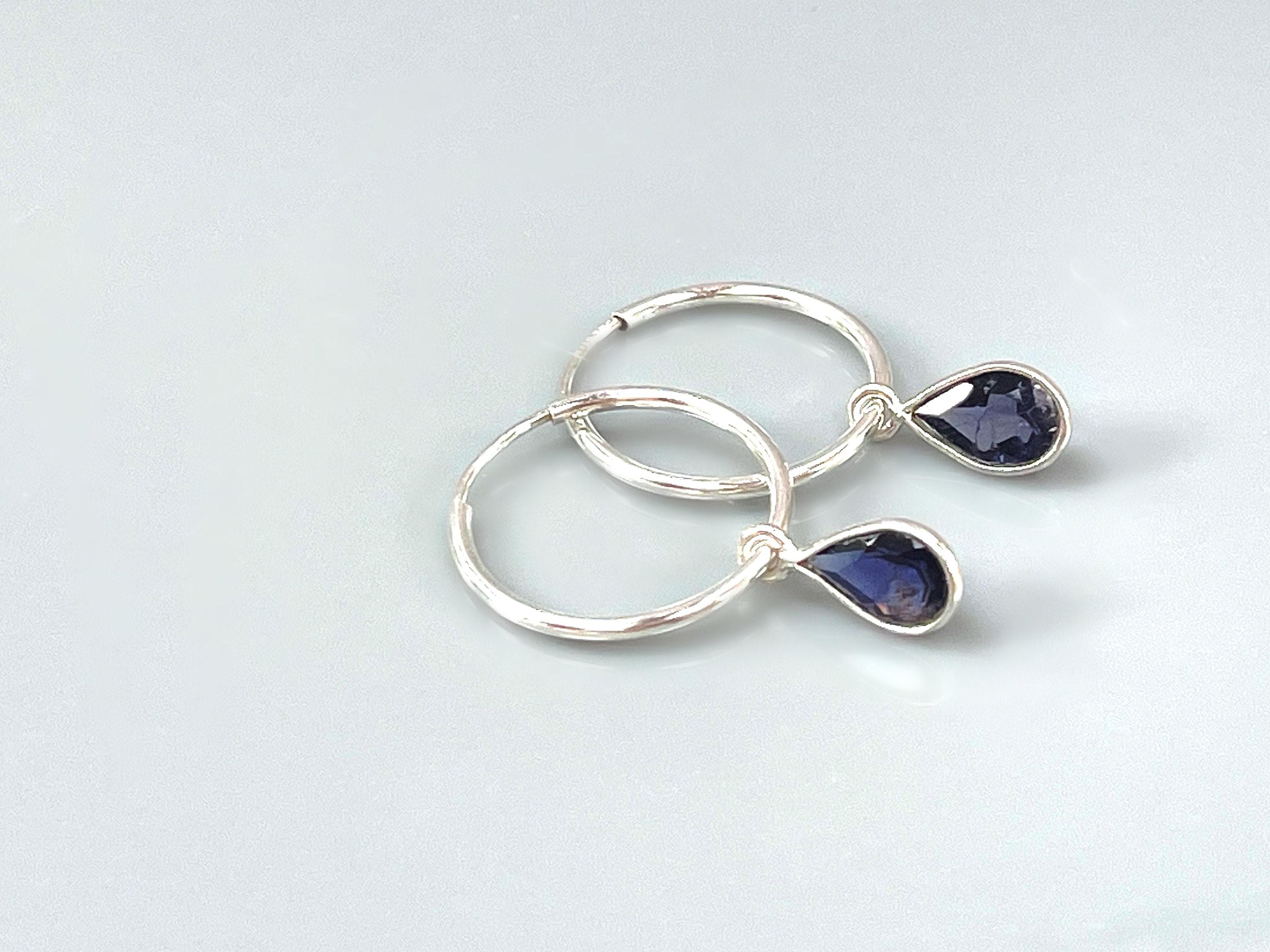 Iolite Hoop earrings Sterling Silver Dangly huggie earrings dainty gemstone earrings water sapphire handmade jewelry blue purple