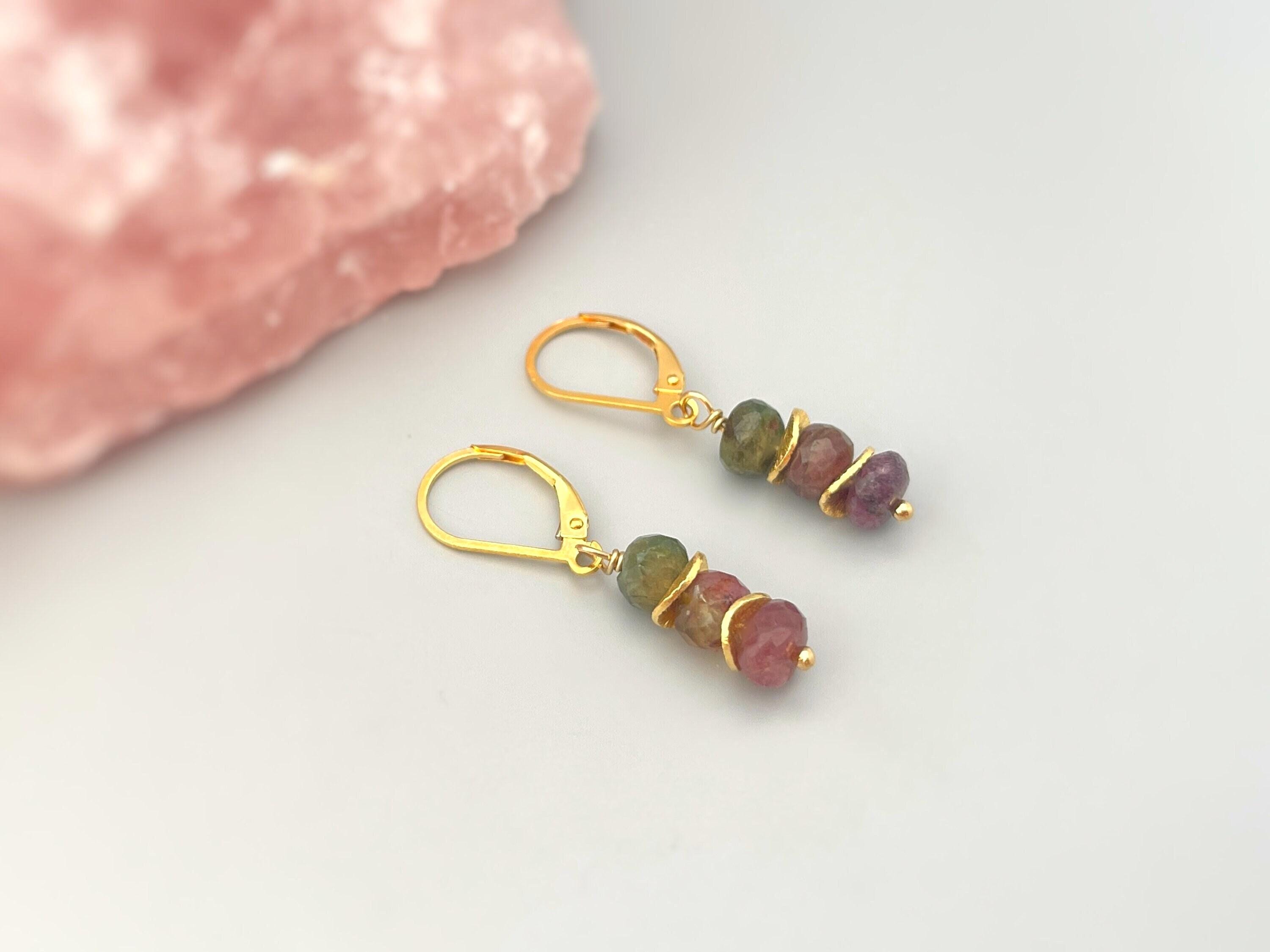 Tourmaline Earrings dangle, 14k gold boho dangly, drop pink and green gemstone lightweight everyday jewelry for women Birthstone for mom