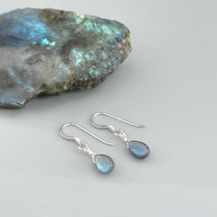 Dainty Labradorite earrings Sterling Silver, 14k Gold fill Tiny tear drop dangle earrings Dangly Handmade crystal Jewelry rose gold Ear Wire