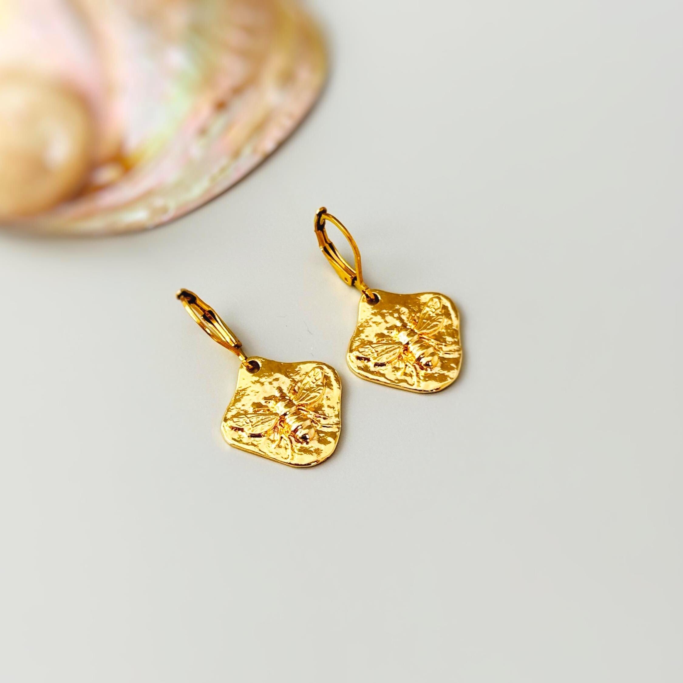 Honey Bee Earrings dangle Gold, unique handmade honeycomb boho statement bumble bee jewelry gift for gardeners nature lovers bff mom